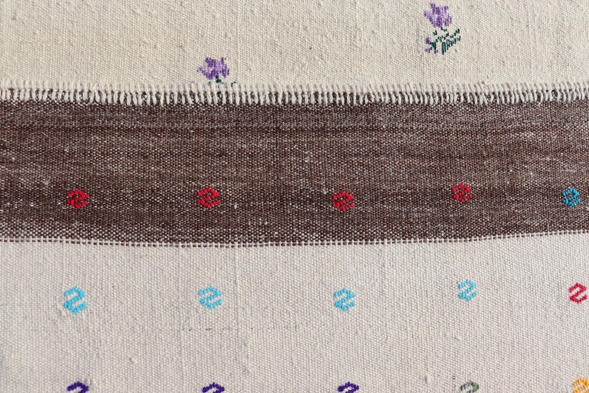 Large Hand Woven Vintage Turkish Kilim Rug with Stripes in Cream, White & Brown For Sale 2