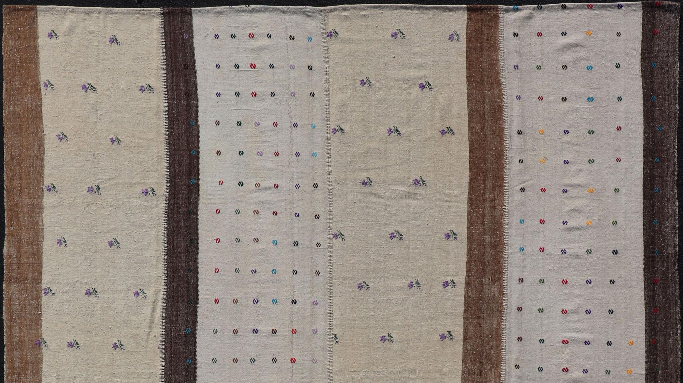 Large Hand Woven Vintage Turkish Kilim Rug with Stripes in Cream, White & Brown For Sale 3