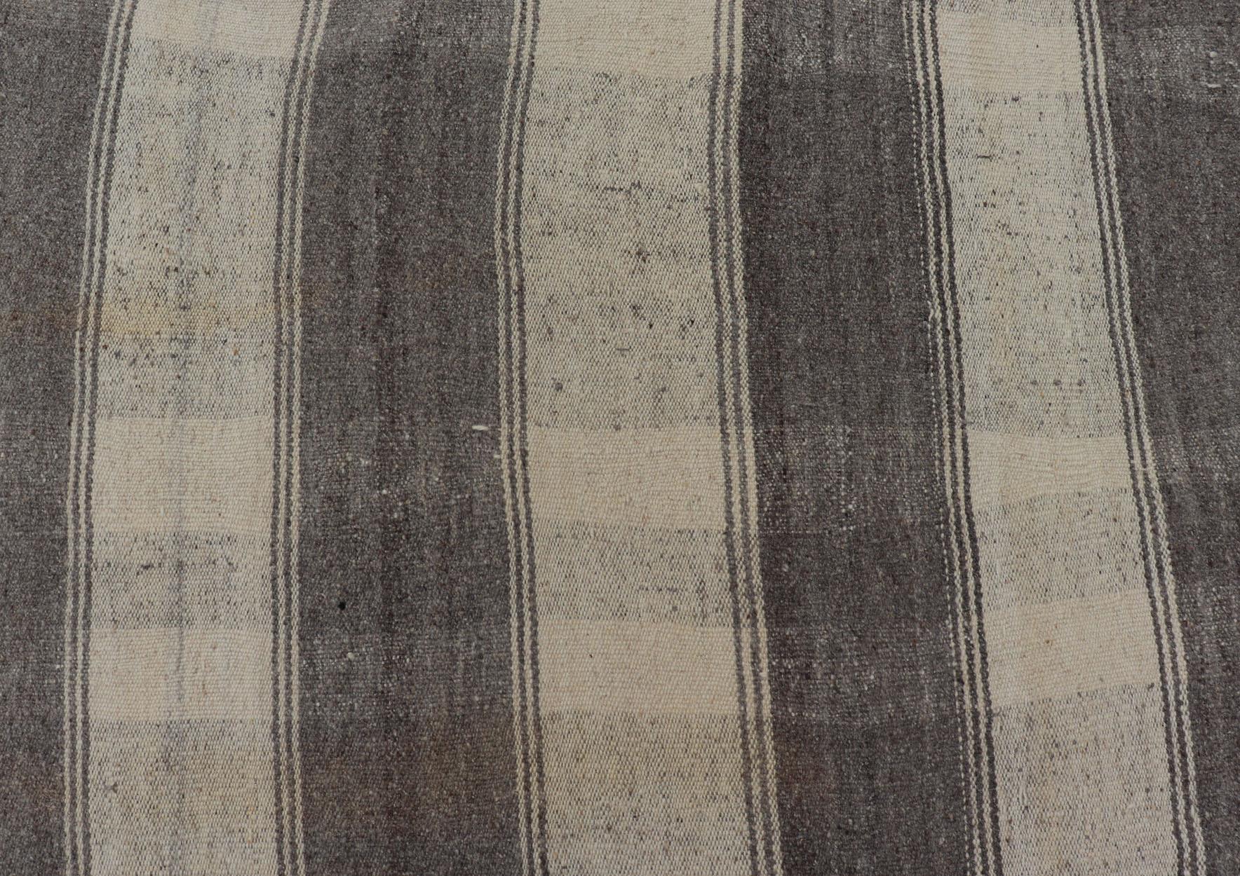 Large Hand Woven Vintage Turkish Kilim Rug with Stripes in Grey, White & Cream For Sale 5