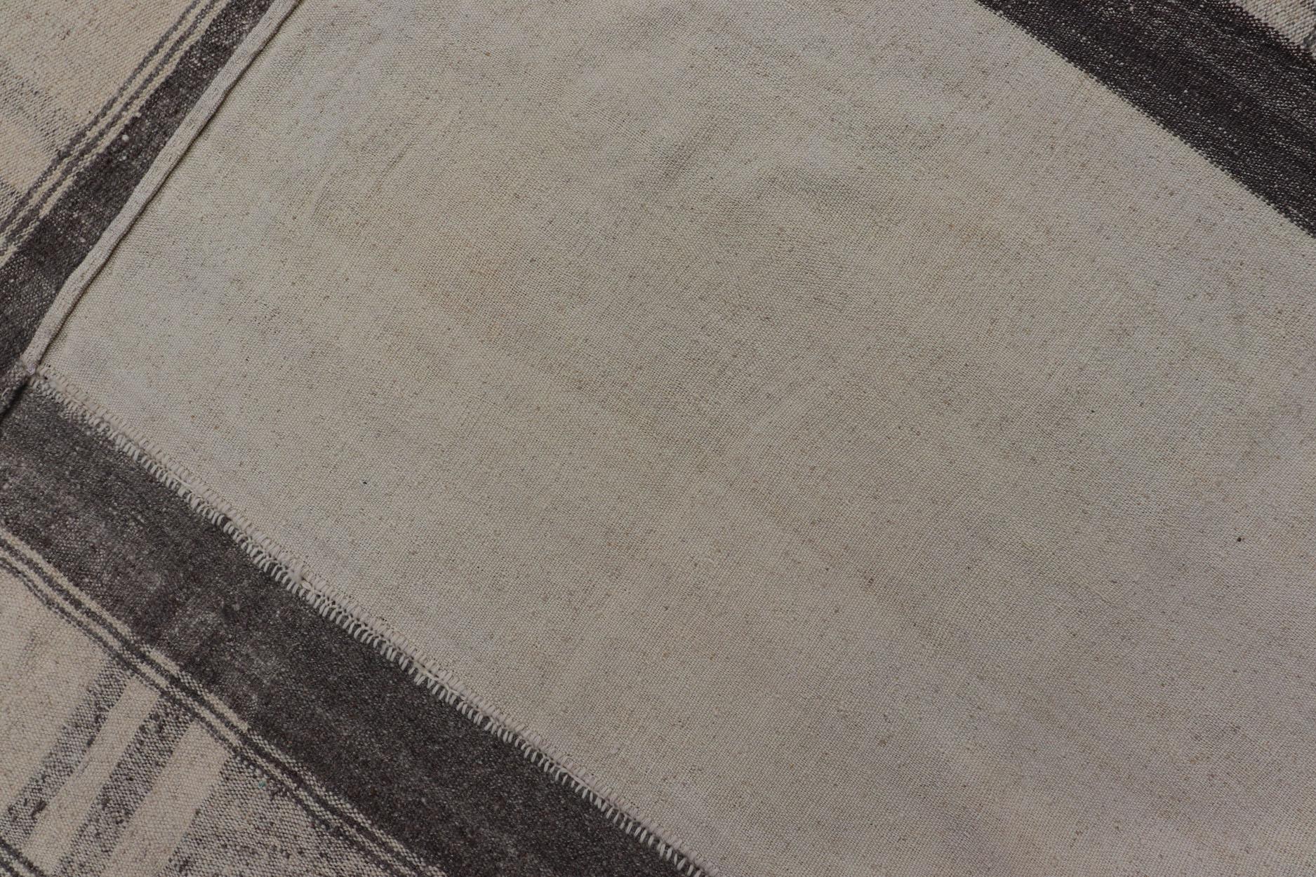 Large Hand Woven Vintage Turkish Kilim Rug with Stripes in Grey, White & Cream For Sale 7