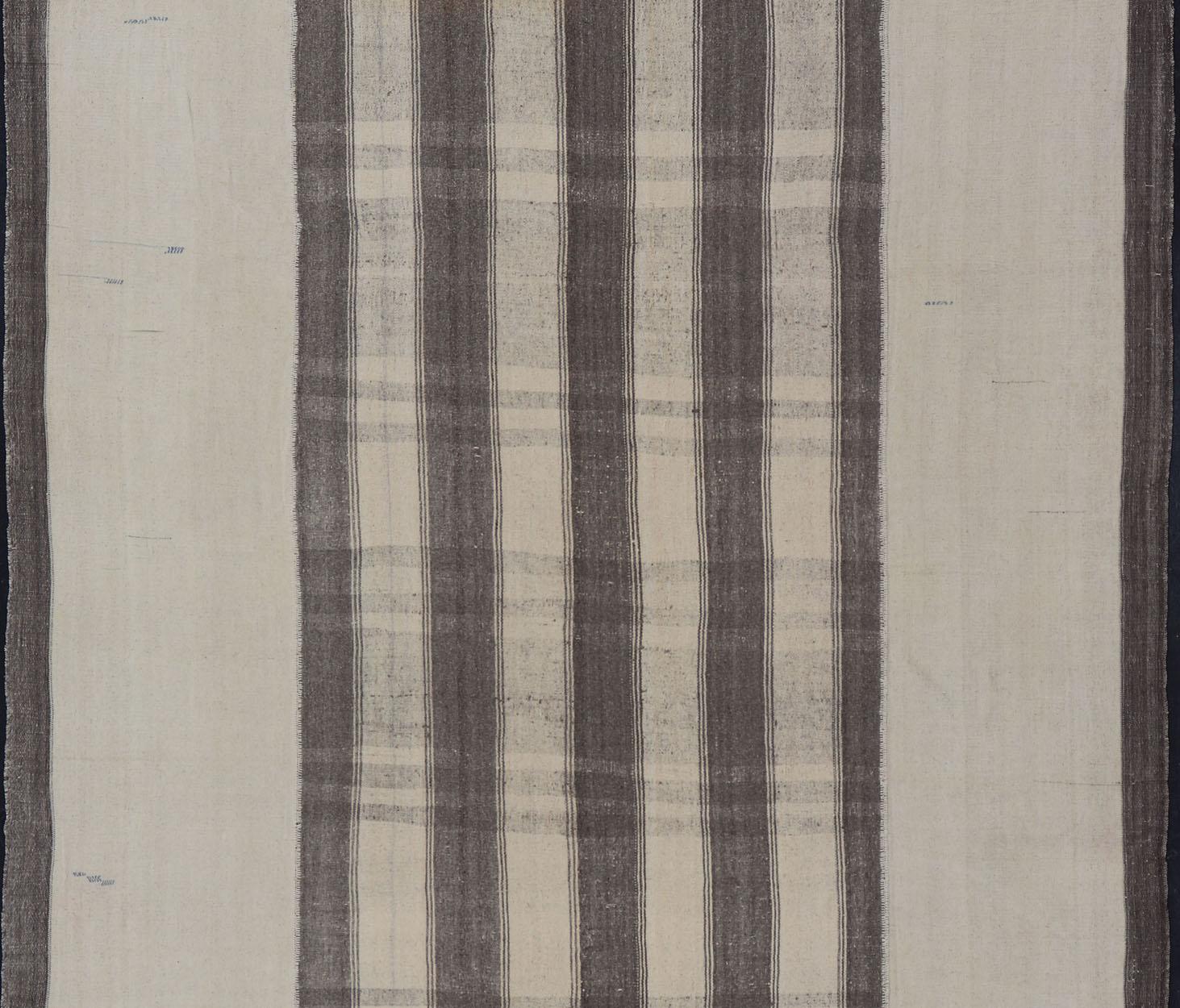 Hand-Woven Large Hand Woven Vintage Turkish Kilim Rug with Stripes in Grey, White & Cream For Sale