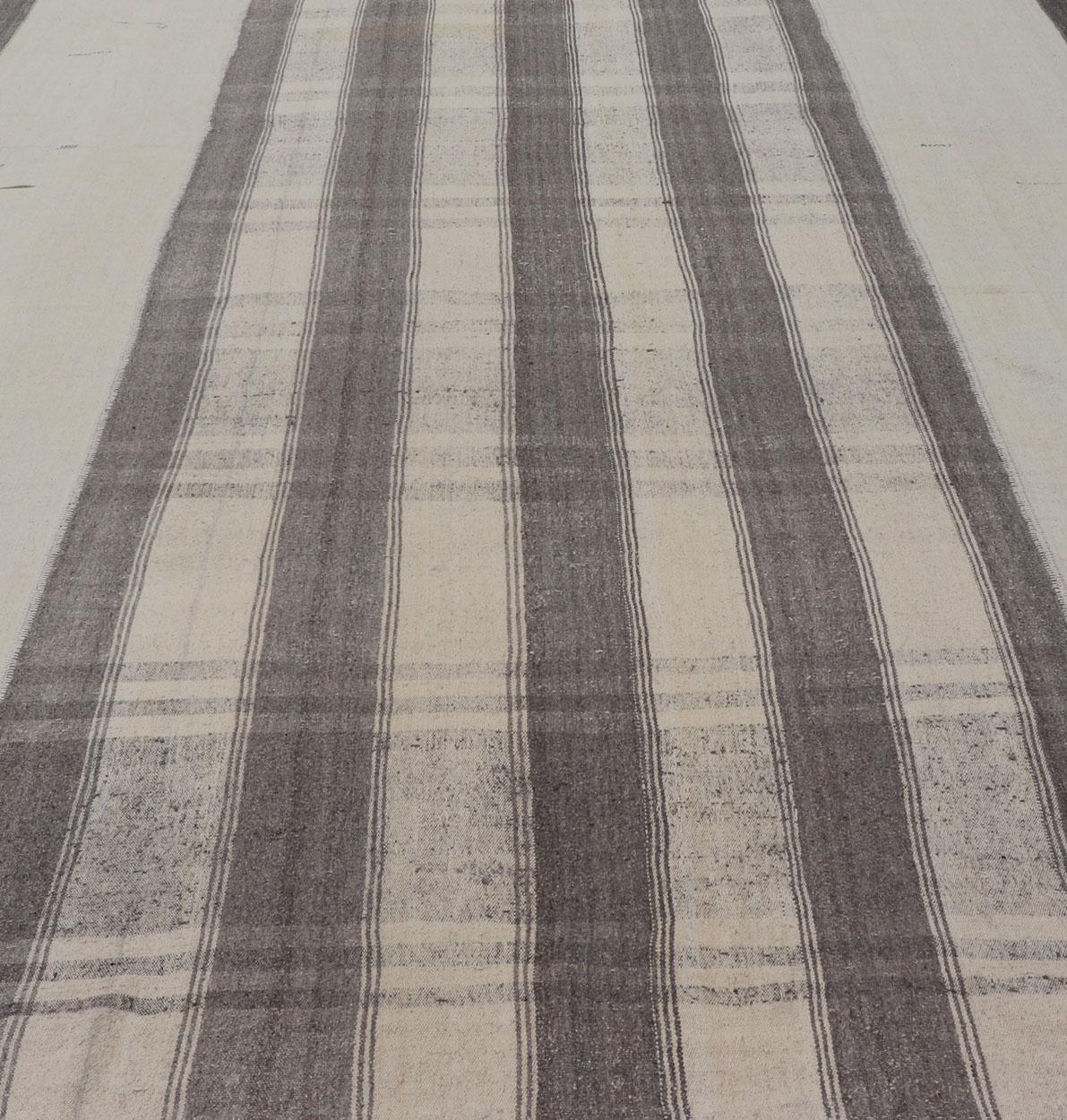 20th Century Large Hand Woven Vintage Turkish Kilim Rug with Stripes in Grey, White & Cream For Sale