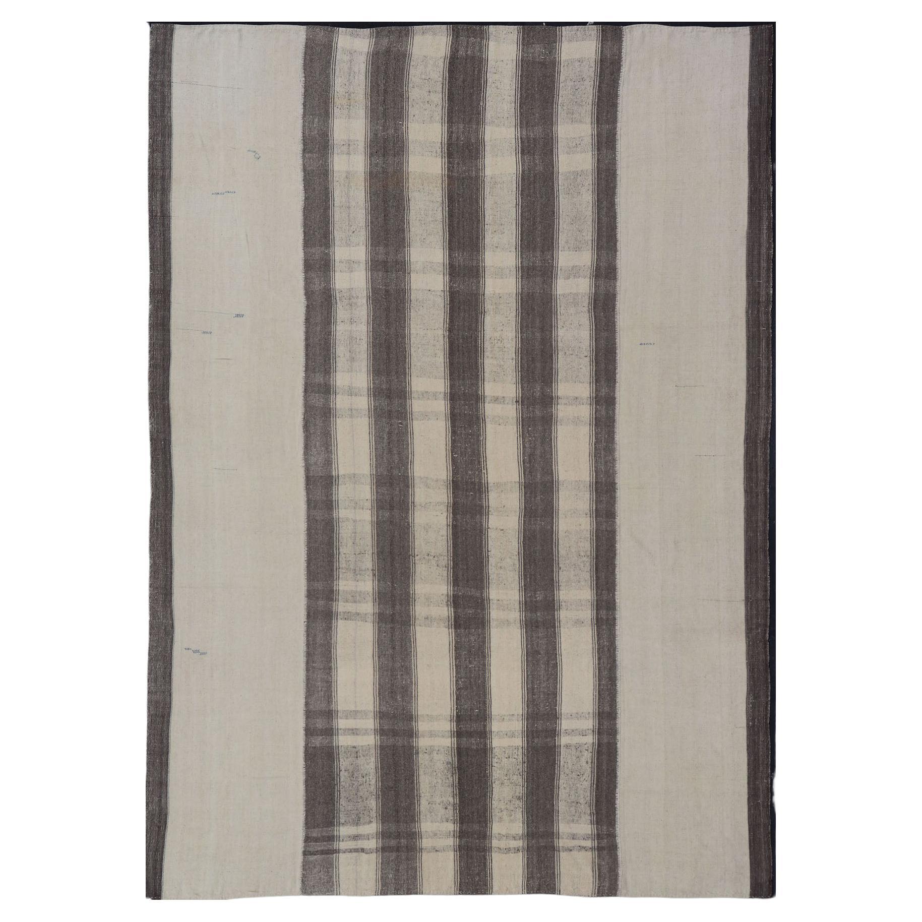 Large Hand Woven Vintage Turkish Kilim Rug with Stripes in Grey, White & Cream