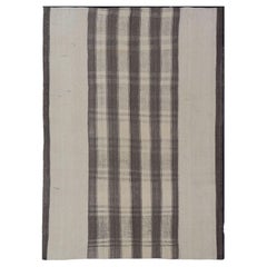 Large Hand Woven Vintage Turkish Kilim Rug with Stripes in Grey, White & Cream