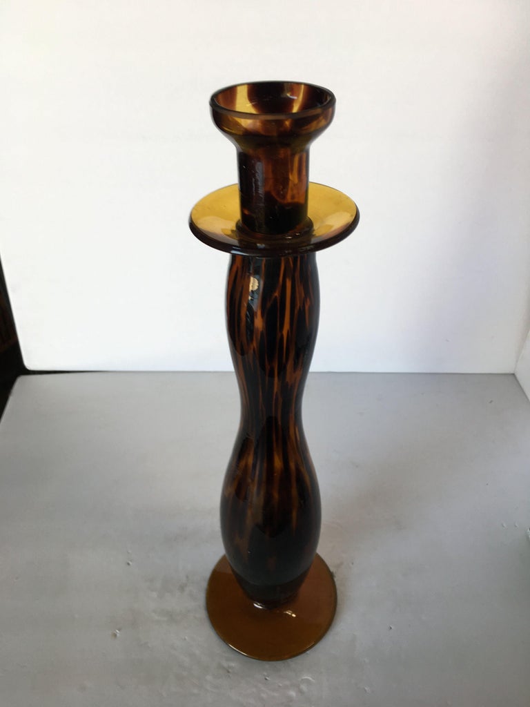 Large Hand Blown Amber Murano Glass Candlestick Holder For Sale at 1stDibs