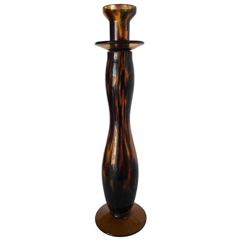 Large Hand Blown Amber Murano Glass Candlestick Holder For Sale at 1stDibs