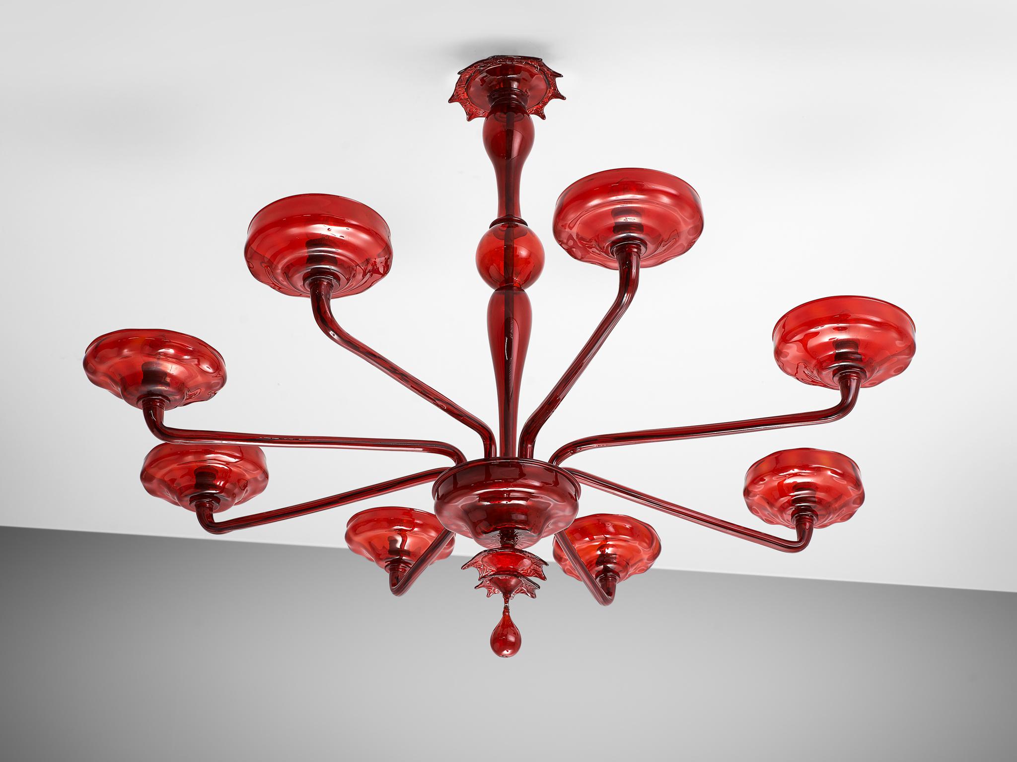 Mid-Century Modern Large Hand Blown Chandelier in Red Murano Glass