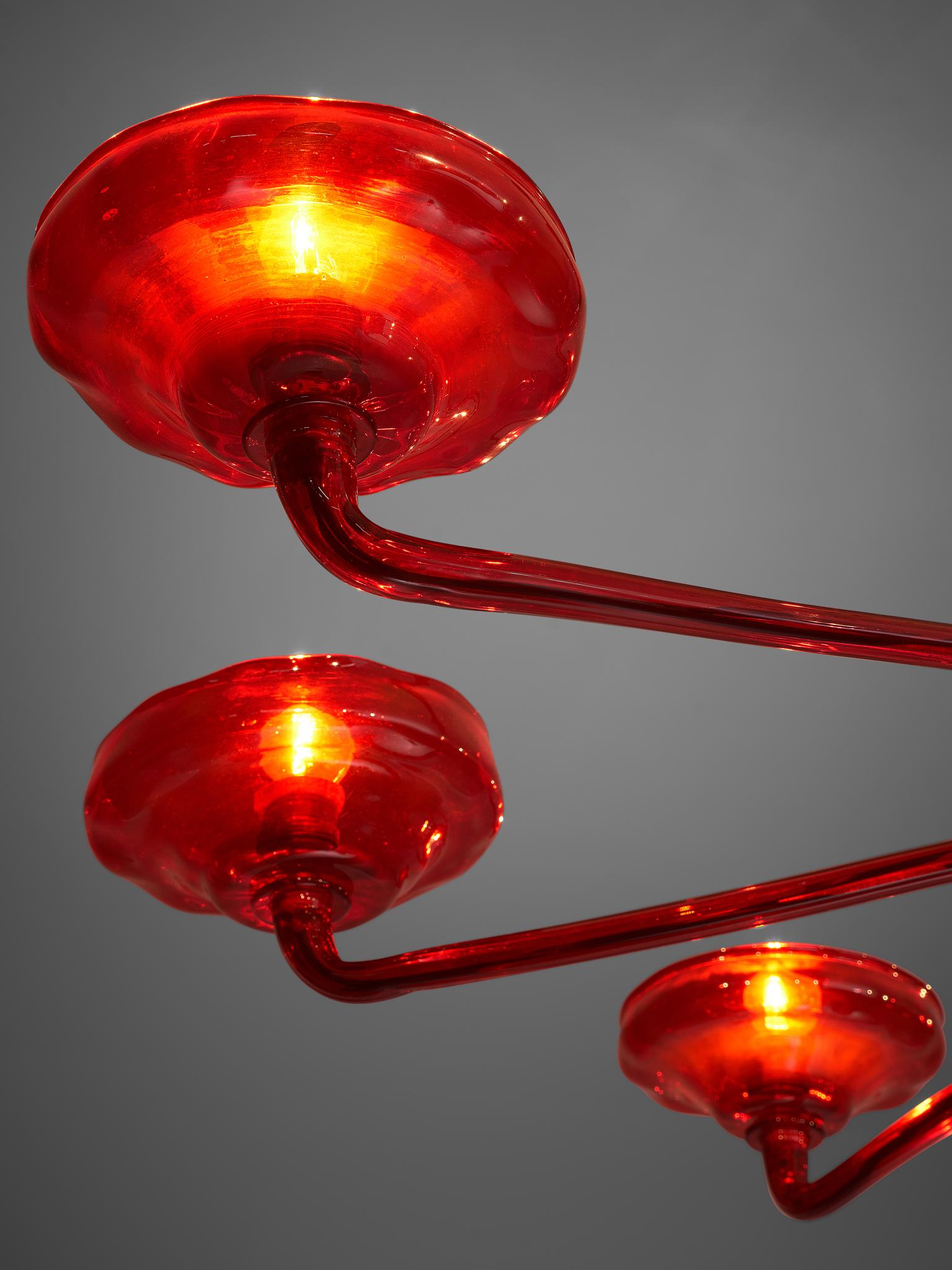 Italian Large Hand Blown Chandelier in Red Murano Glass