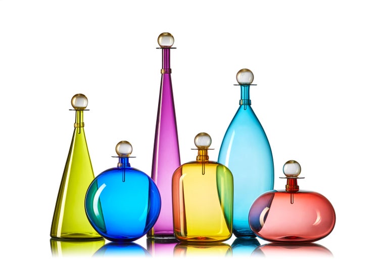 Large Handblown Glass Bottle, Turquoise with Gold Leaf Stopper by Vetro