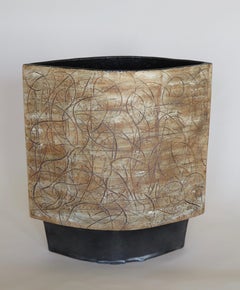 Large Hand Built "Jackson Pollack" Ceramic Vase, Brown Swirl Marks on Black Base