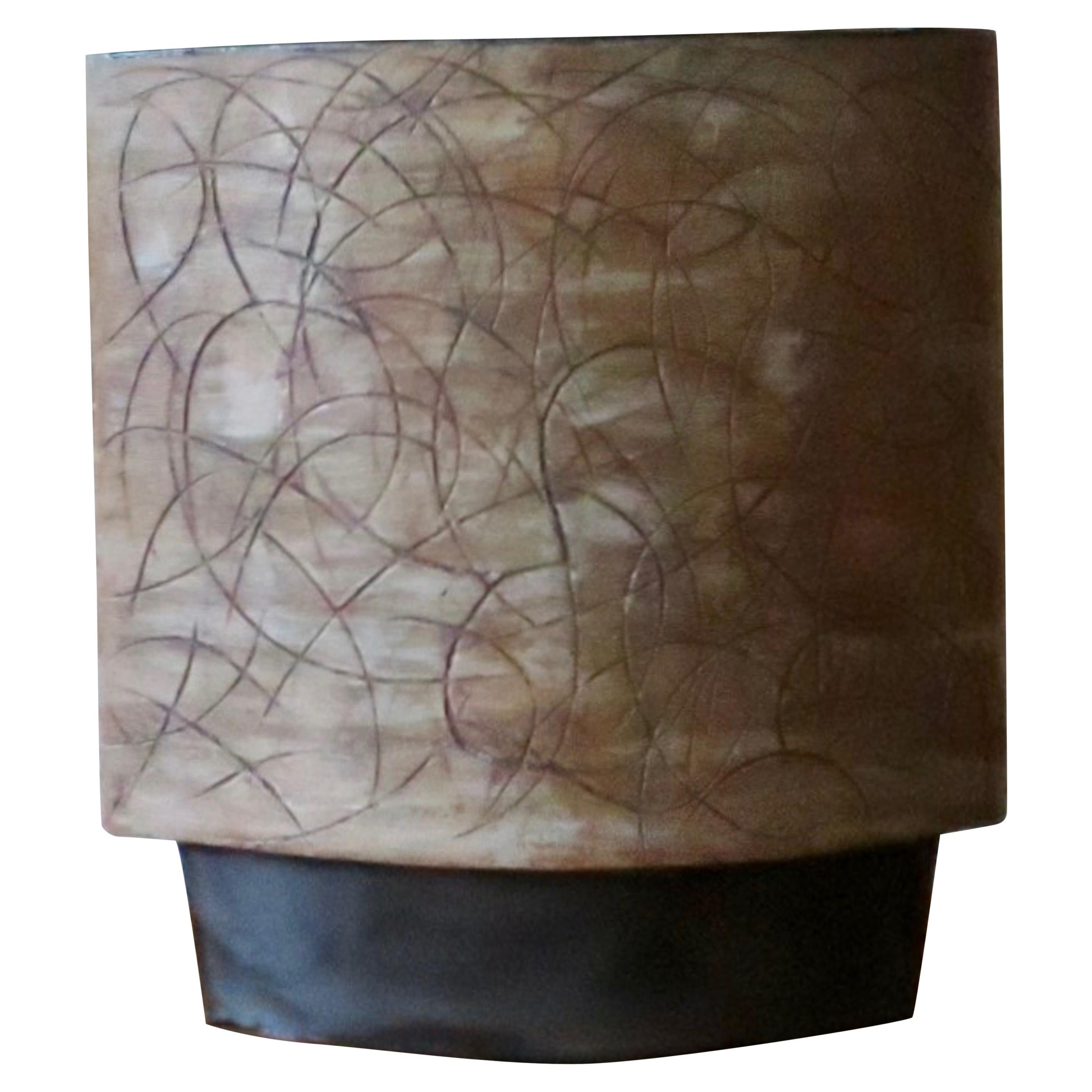 Large Hand Built "Jackson Pollack" Ceramic Vase, Brown Swirl Marks on Black Base