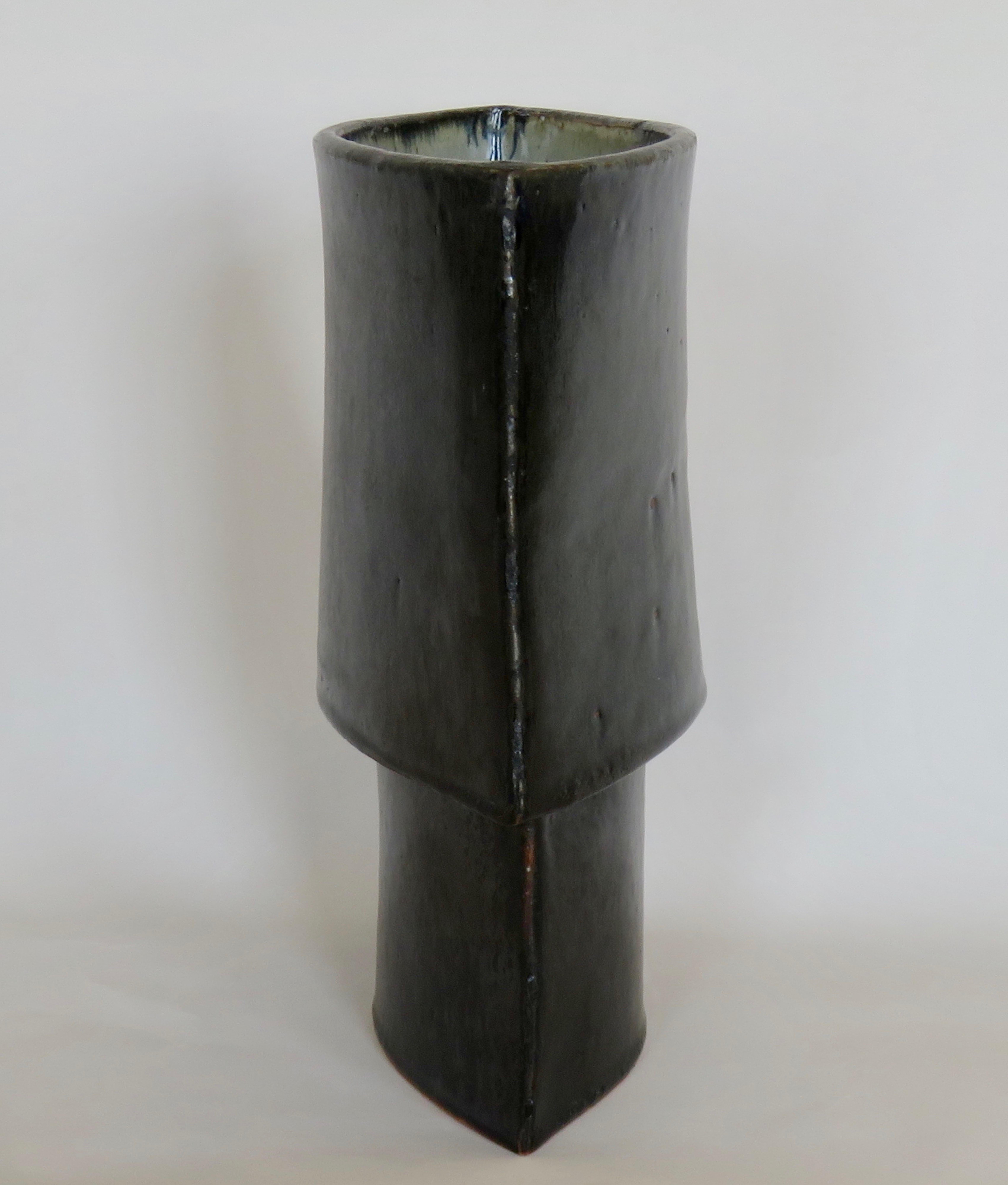 Glazed Large Hand Built Ceramic Vase, Architectural Construction in Mottled Black Glaze