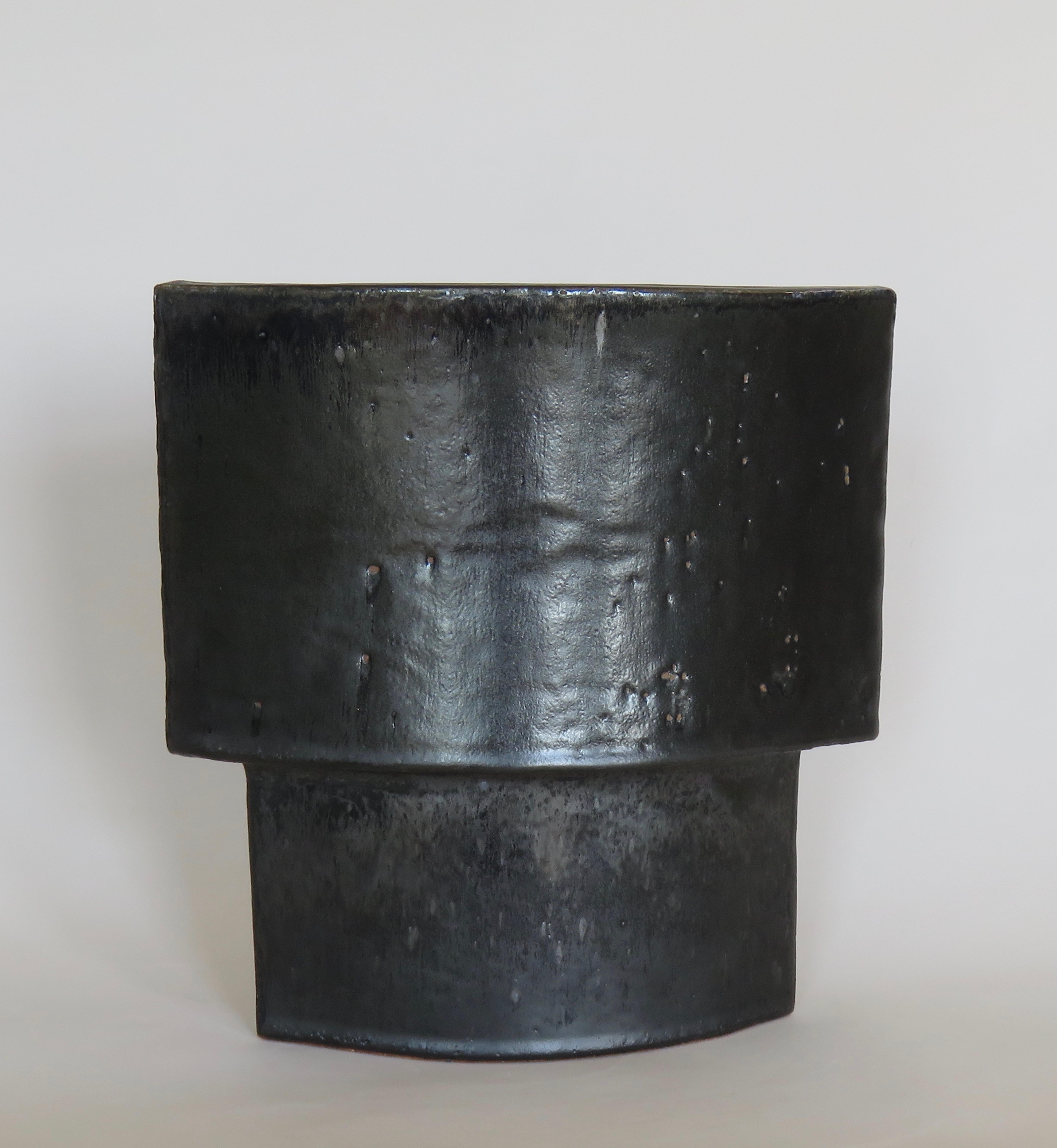 American Large Hand Built Ceramic Vase, Architectural Construction in Mottled Black Glaze