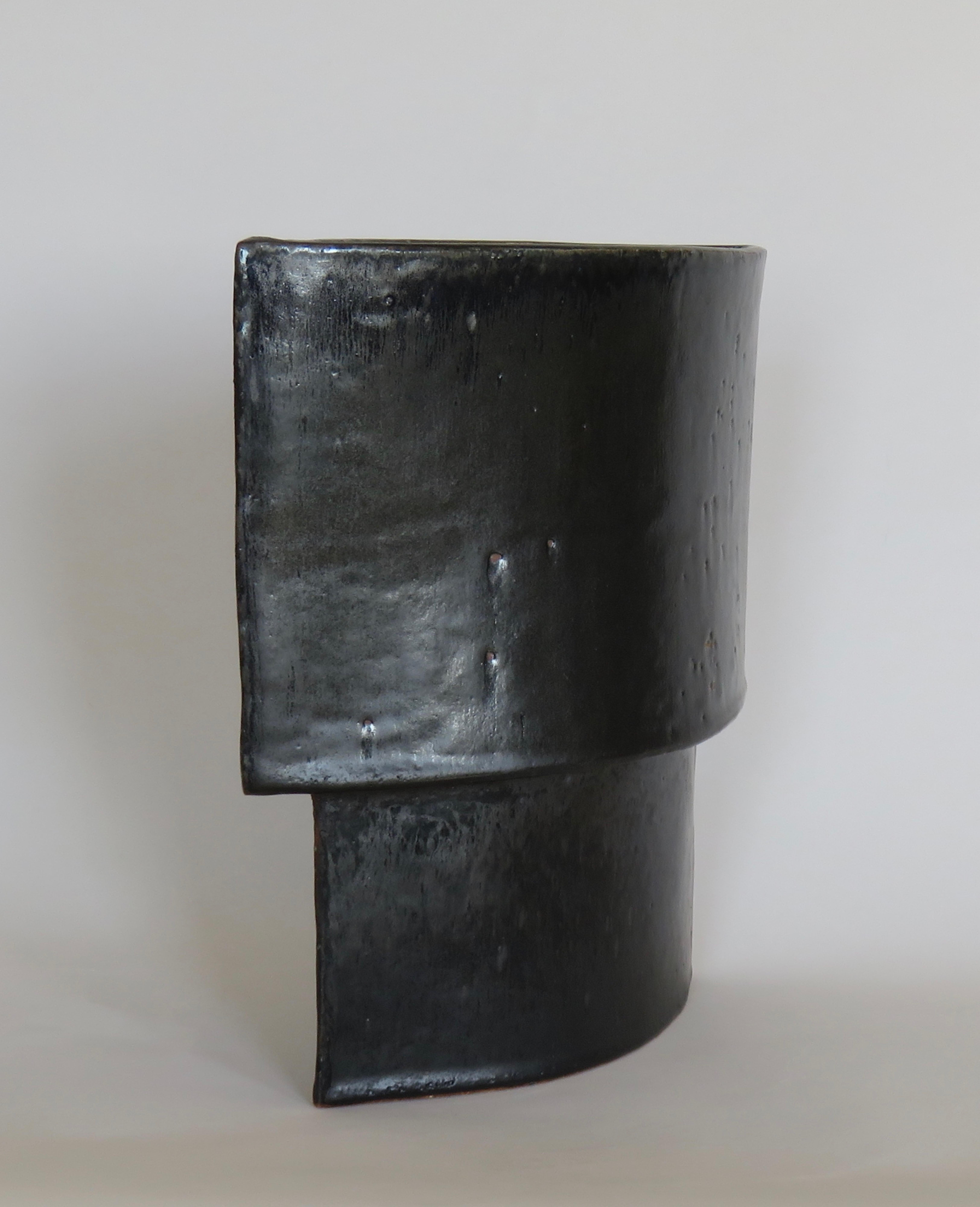 Contemporary Large Hand Built Ceramic Vase, Architectural Construction in Mottled Black Glaze