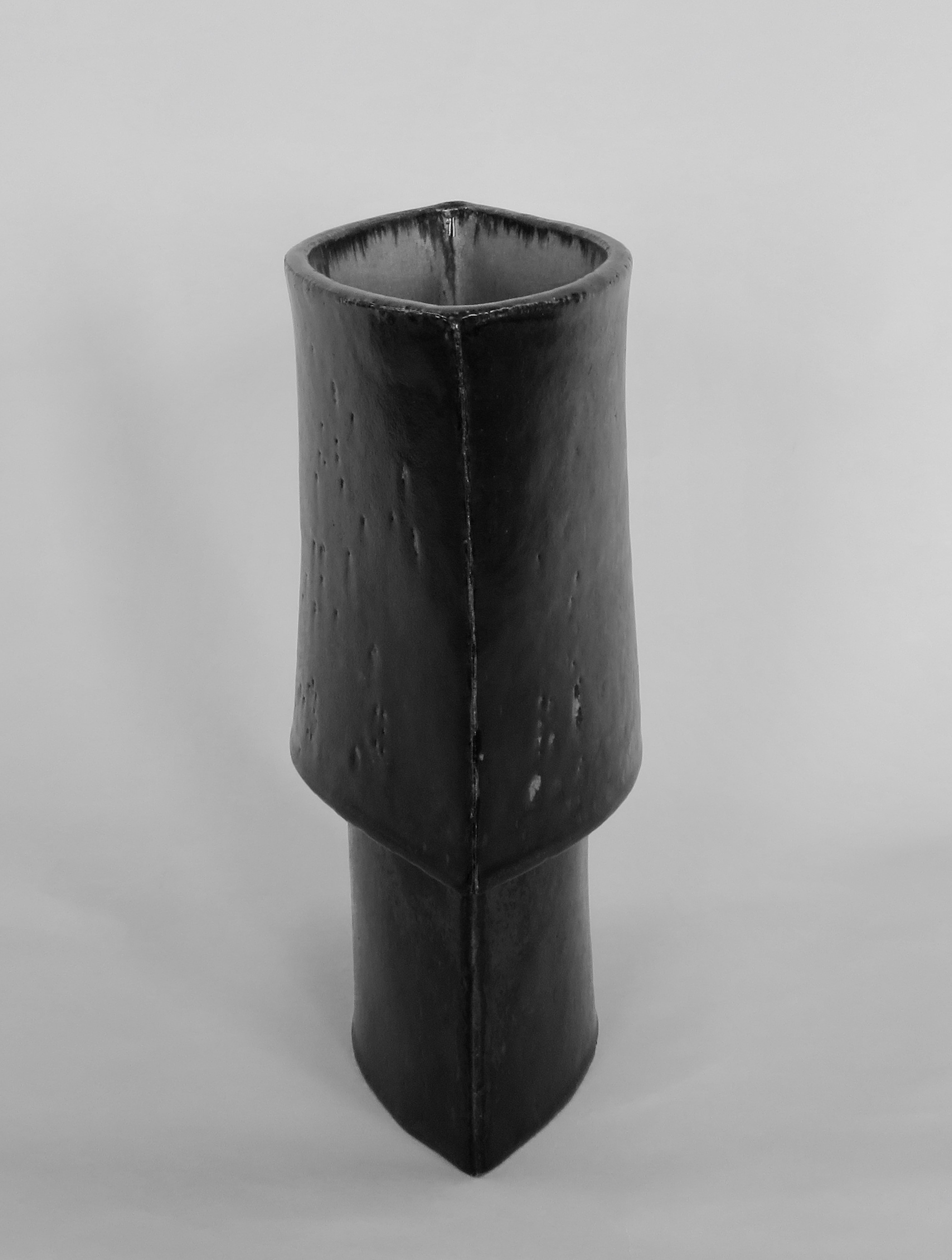 Large Hand Built Ceramic Vase, Architectural Construction in Mottled Black Glaze 1