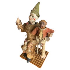 Grand Automaton ancien, fabriqué à la main et en état de marche, avec. Clown et singe de cirque rare