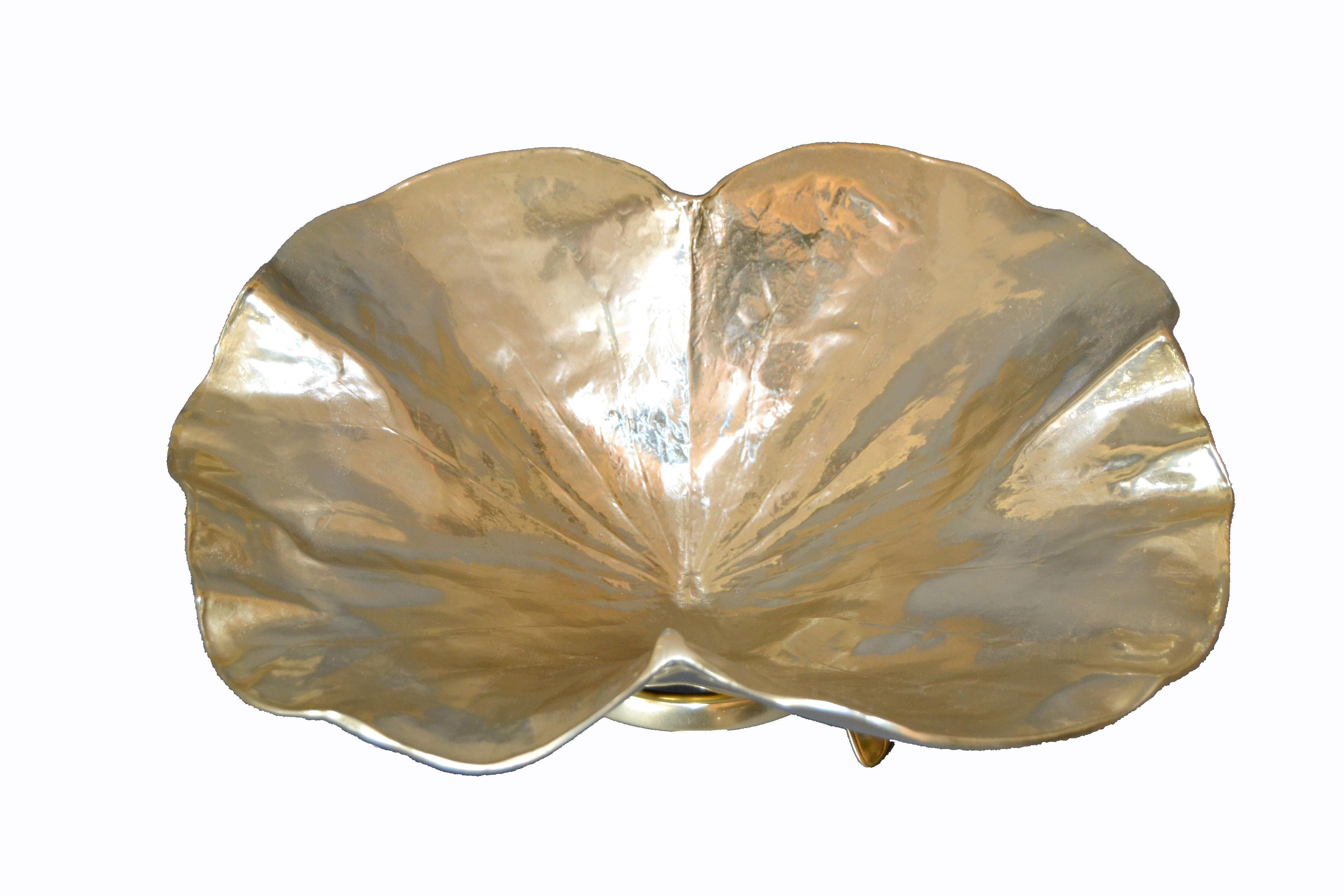 Large Handcrafted Brass Lotus Leaf Bowl on Stand by Oskar J.W. Hansen In Excellent Condition In Miami, FL