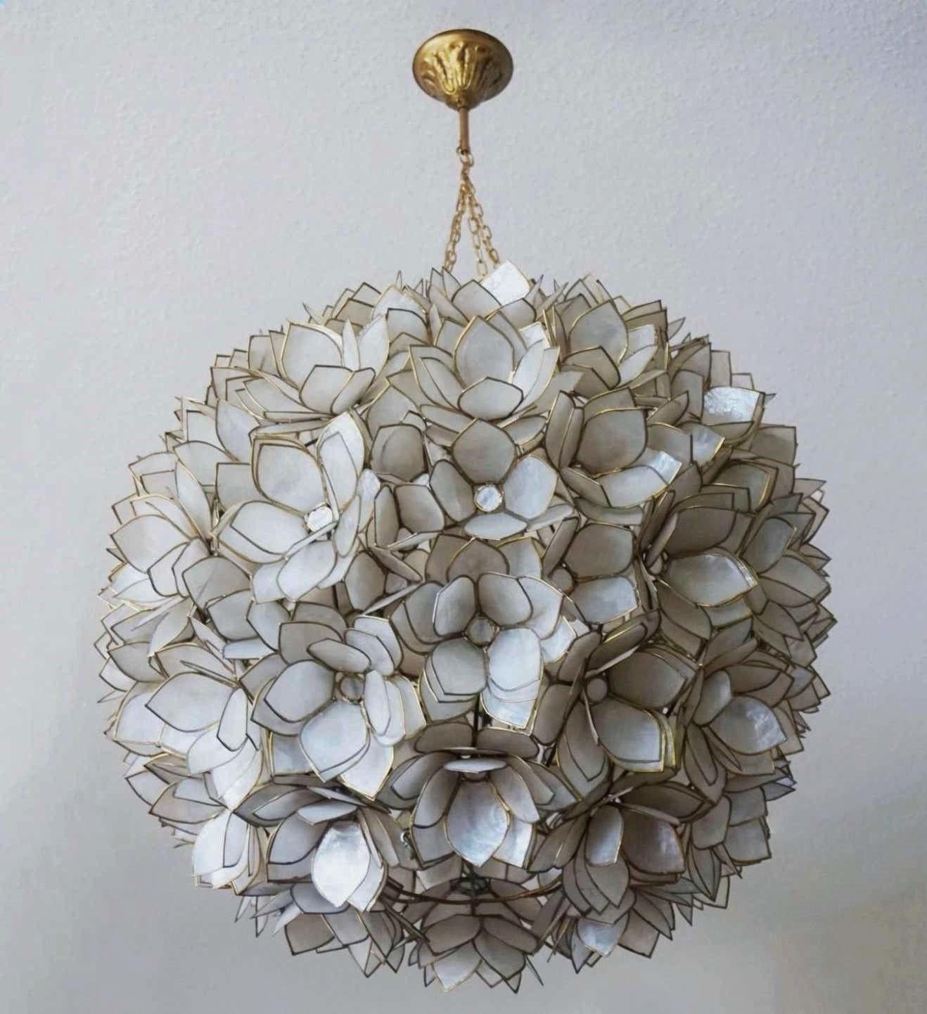 Large capiz shell mother of pearl and brass three-light globe shaped chandelier by Rausch Beleuchtung, Germany, 1960s. Handcrafted and assembled in a lotus flower pattern with brass edging. In fine vintage condition, rewired. It takes three Edison