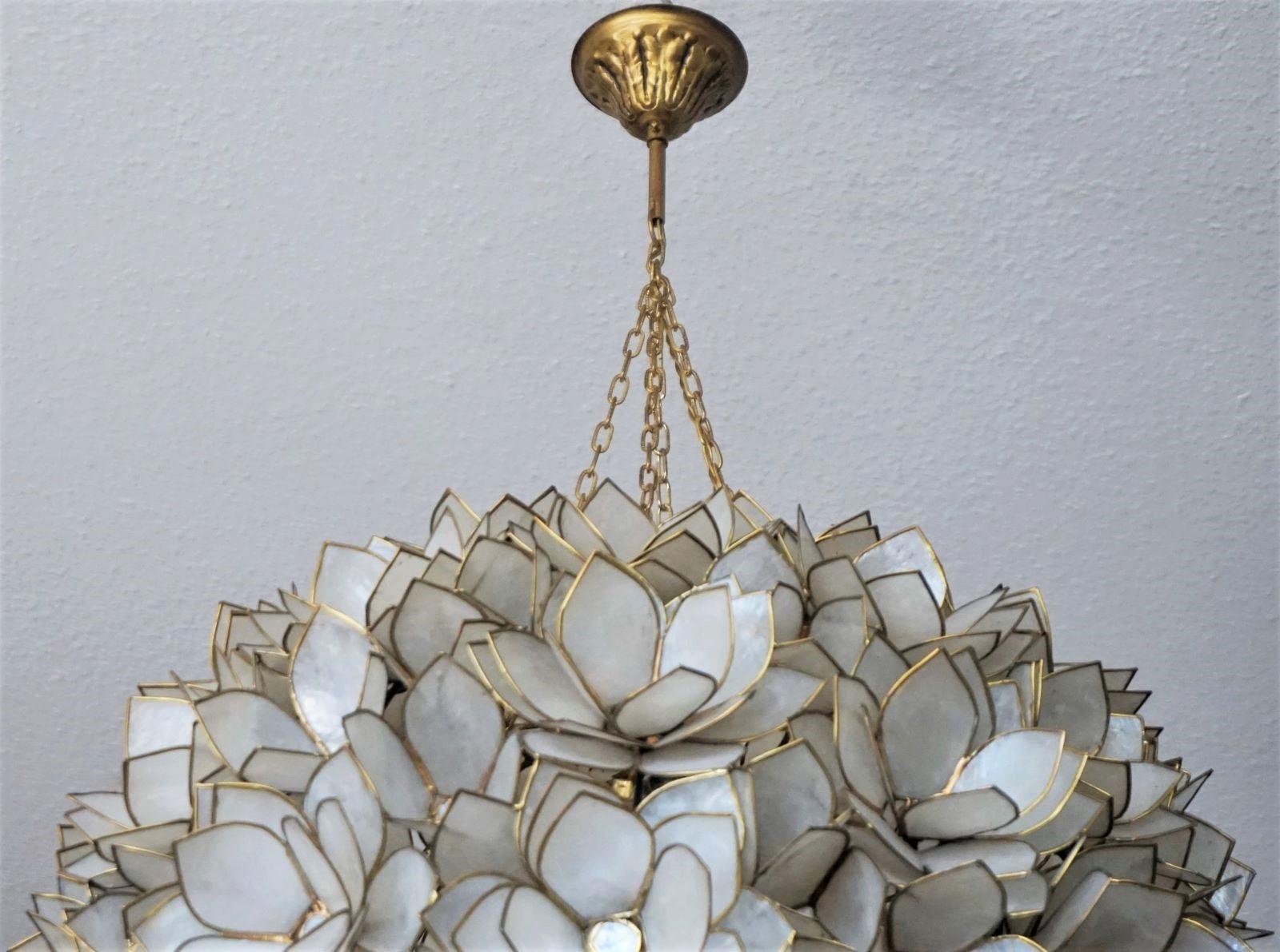 Art Deco Large Handcrafted Capiz Shell Three-Light Lotus Ball Chandelier by Rausch, 1960s