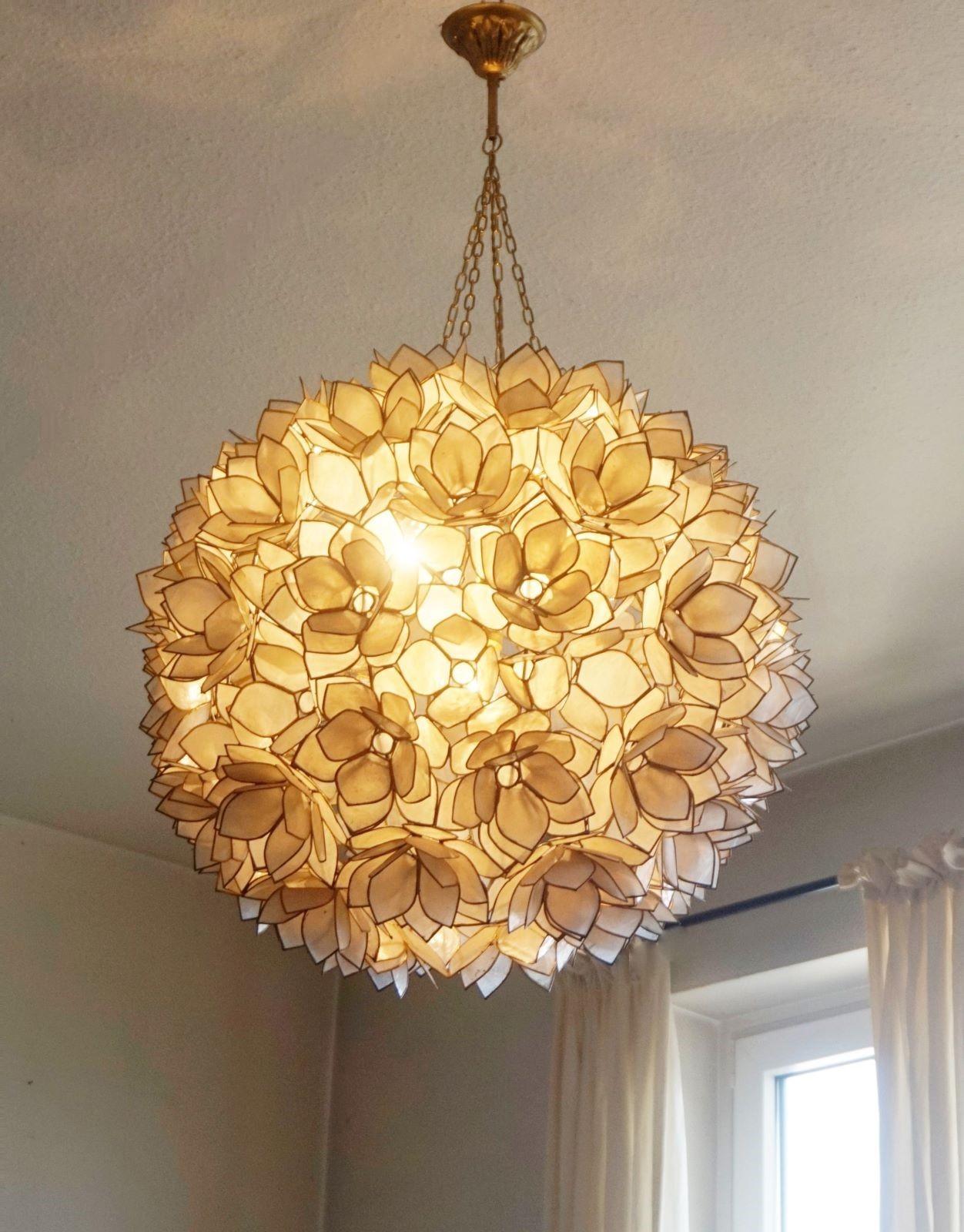 German Large Handcrafted Capiz Shell Three-Light Lotus Ball Chandelier by Rausch, 1960s