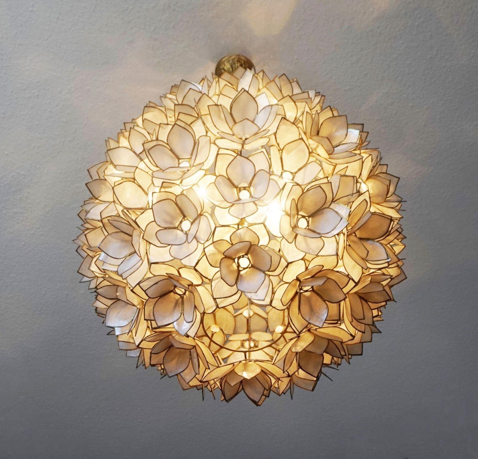 Large Handcrafted Capiz Shell Three-Light Lotus Ball Chandelier by Rausch, 1960s In Good Condition In Frankfurt am Main, DE
