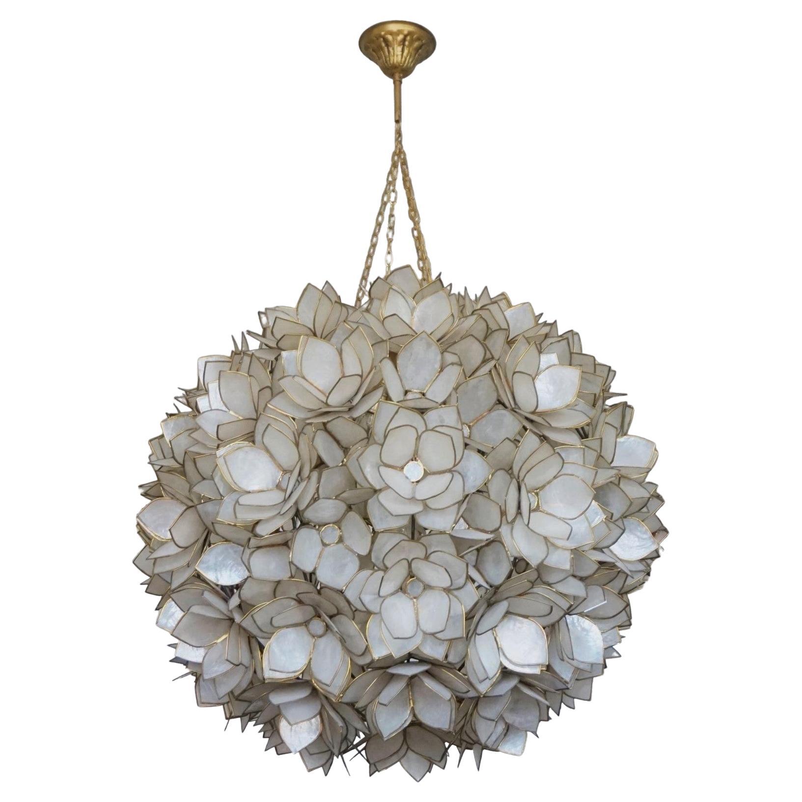 Large Handcrafted Capiz Shell Three-Light Lotus Ball Chandelier by Rausch, 1960s