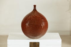 Large Handcrafted Ceramic Vase with Glossy Brown Honeycomb Texture