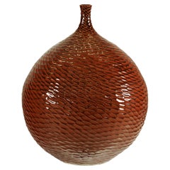 Large Handcrafted Ceramic Vase with Glossy Brown Honeycomb Texture