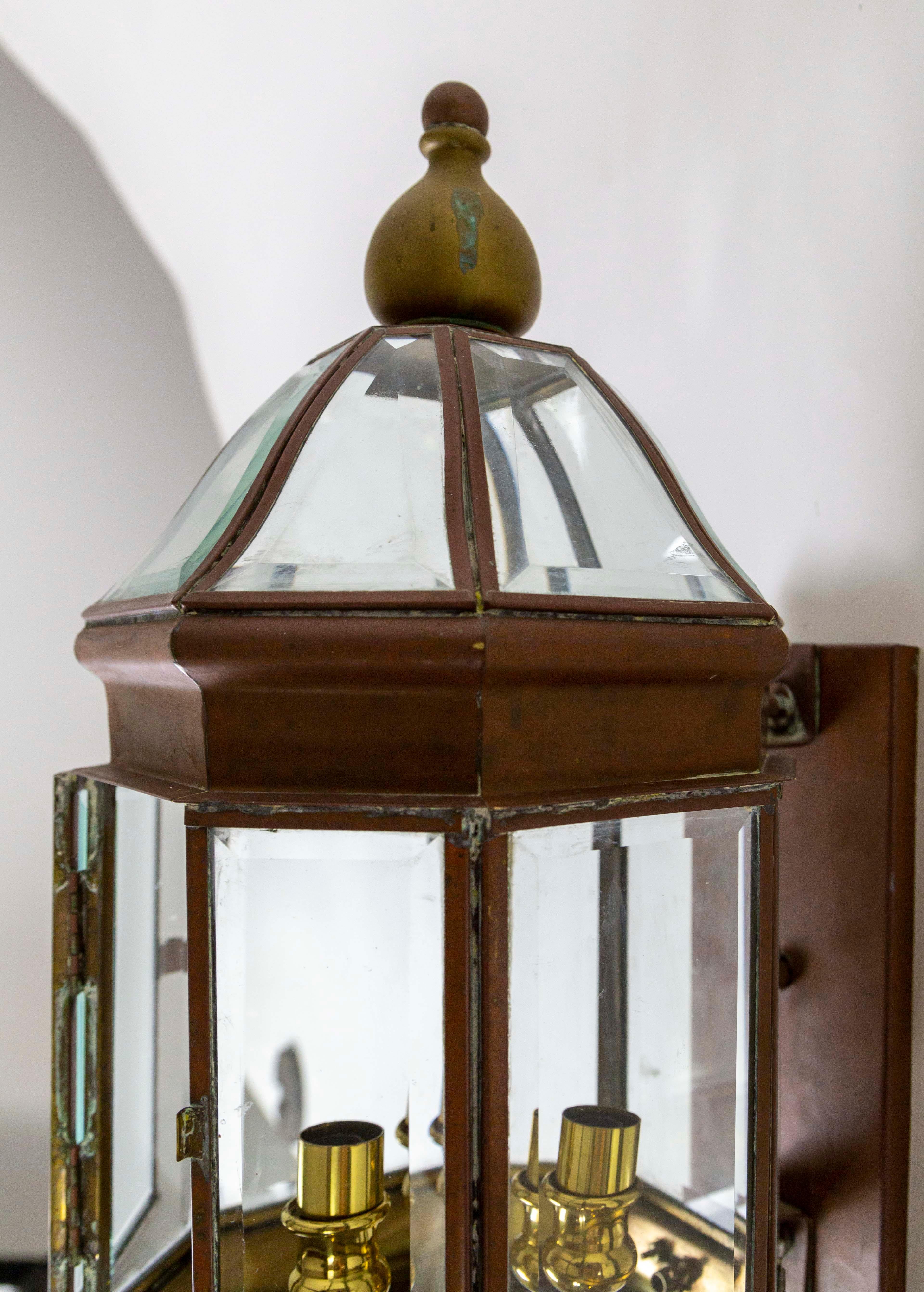 Large Handcrafted Copper, Brass & Beveled Glass Wall Lanterns, Pair For Sale 4