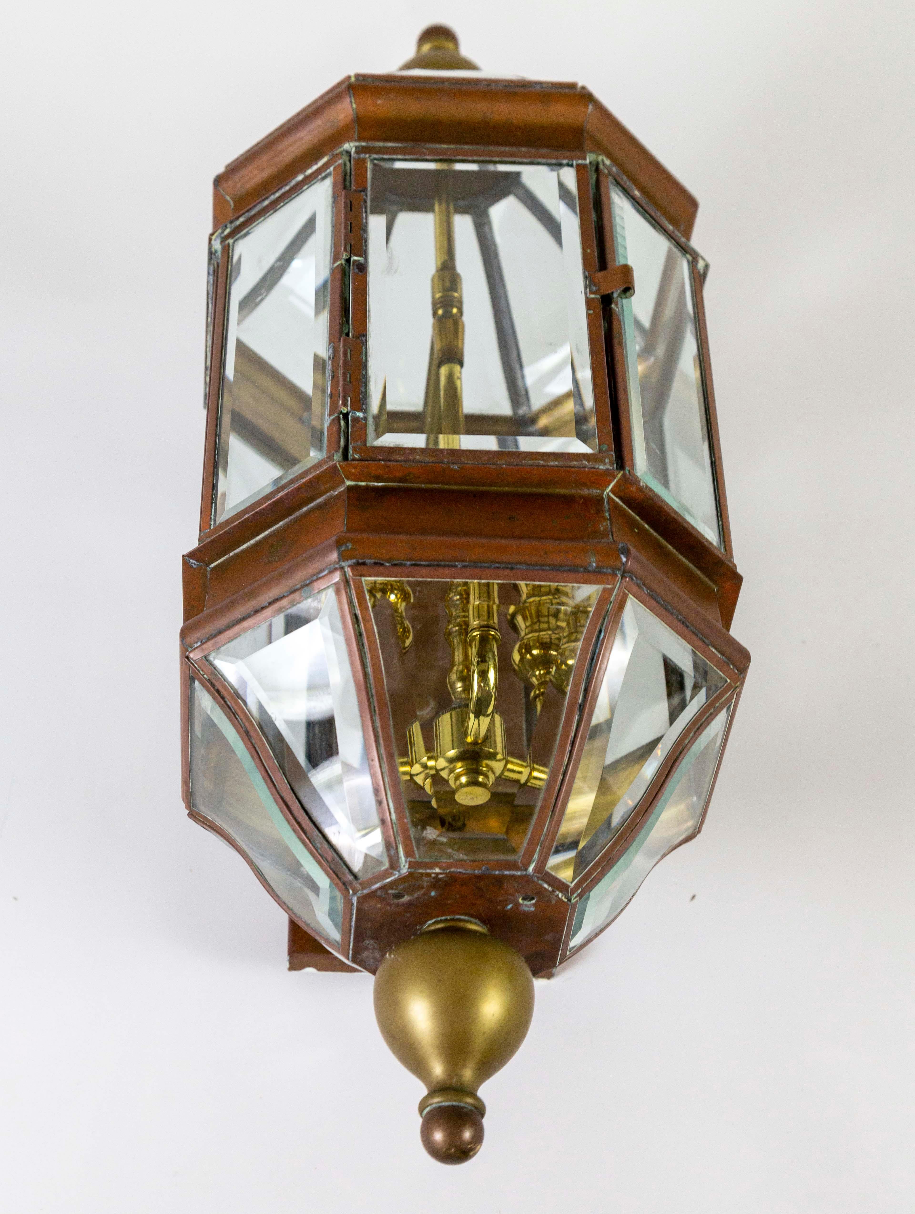 Large Handcrafted Copper, Brass & Beveled Glass Wall Lanterns, Pair In Good Condition For Sale In San Francisco, CA