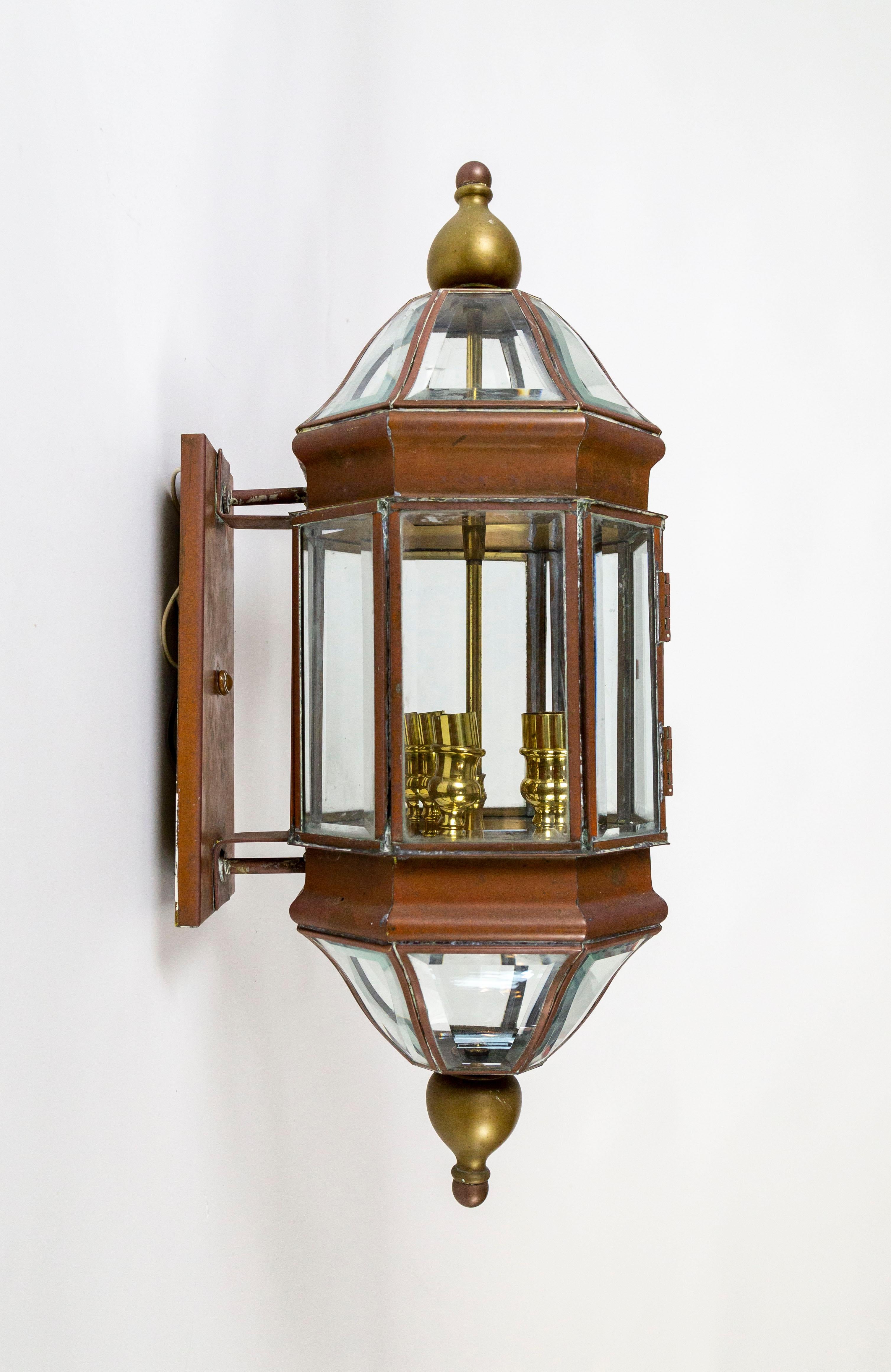 Large Handcrafted Copper, Brass & Beveled Glass Wall Lanterns, Pair For Sale 1