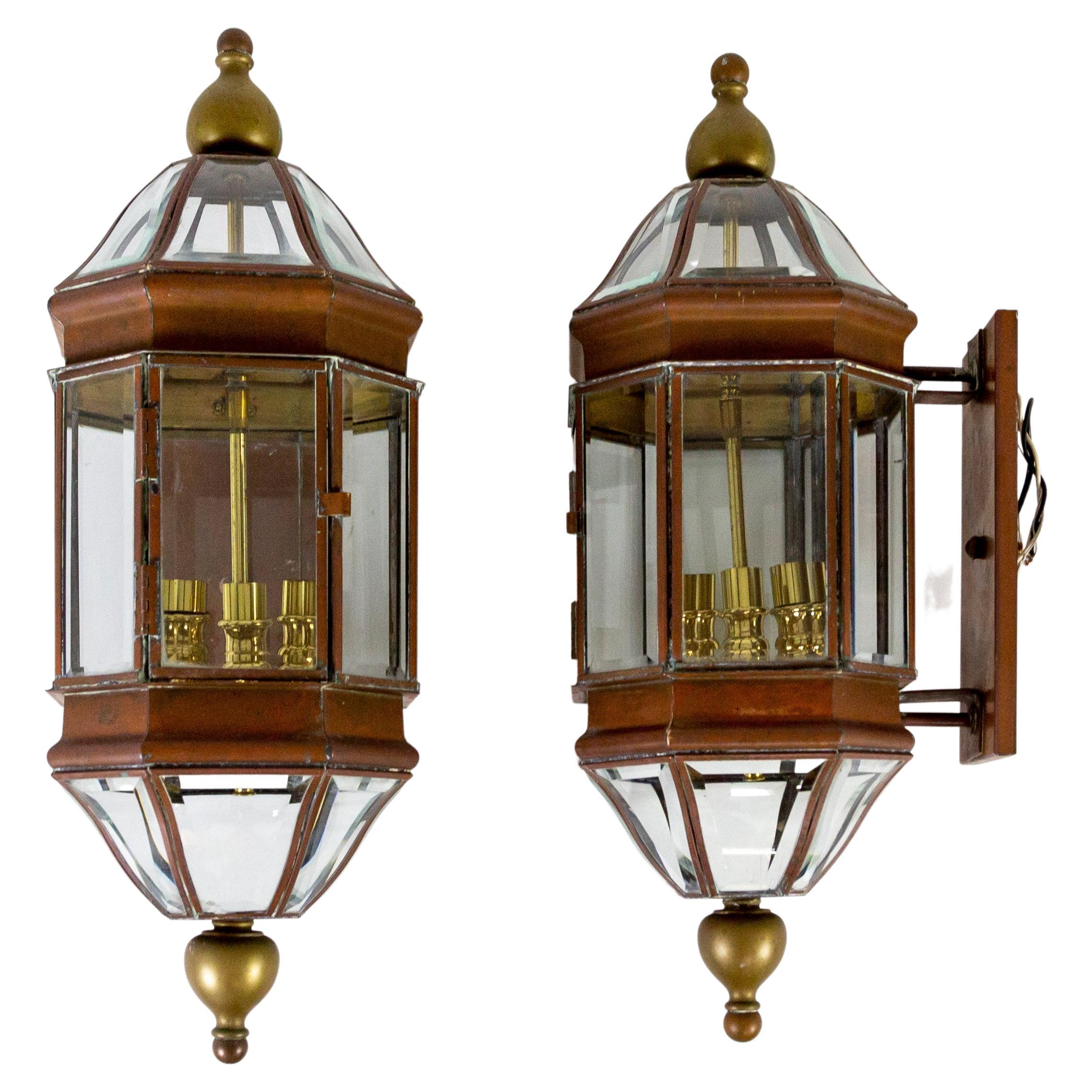 Large Handcrafted Copper, Brass & Beveled Glass Wall Lanterns, Pair For Sale