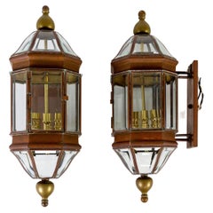 Large Handcrafted Copper, Brass & Bevelled Glass Wall Lanterns, Pair