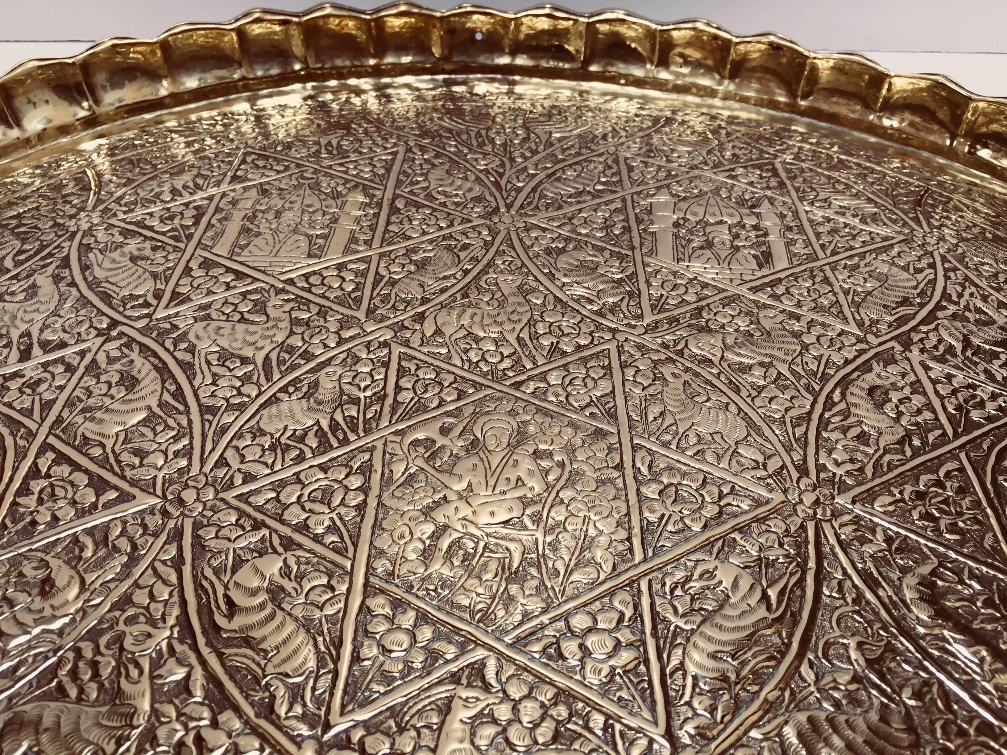 Large Handcrafted Decorative Indo-Persian Hammered Brass Tray 3