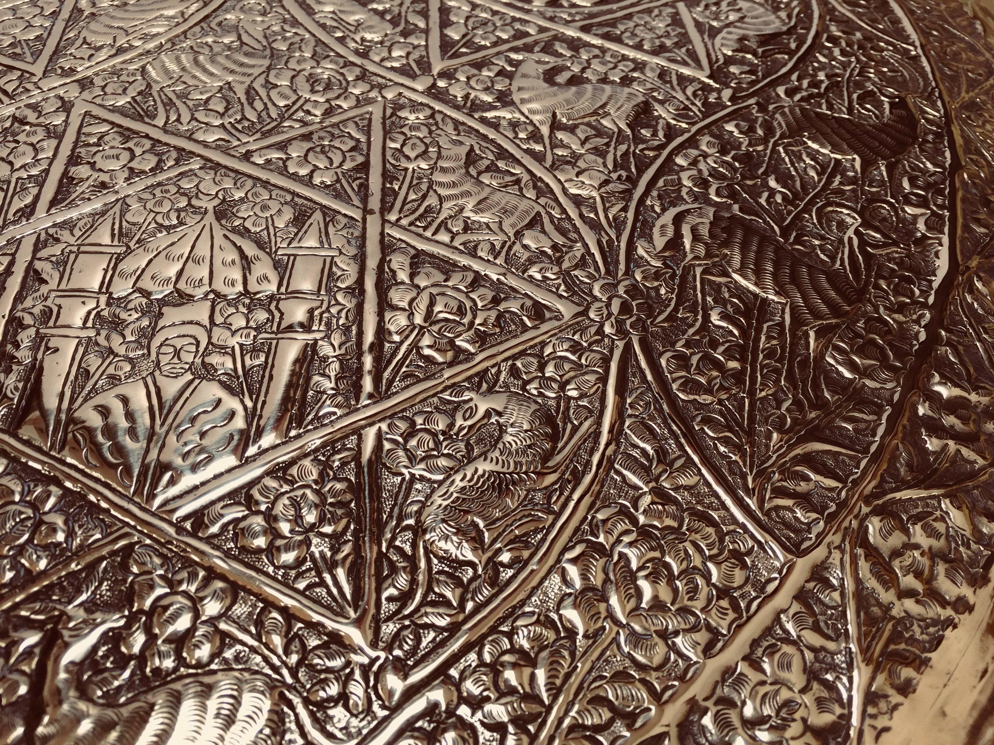Large Handcrafted Decorative Indo-Persian Hammered Brass Tray 4