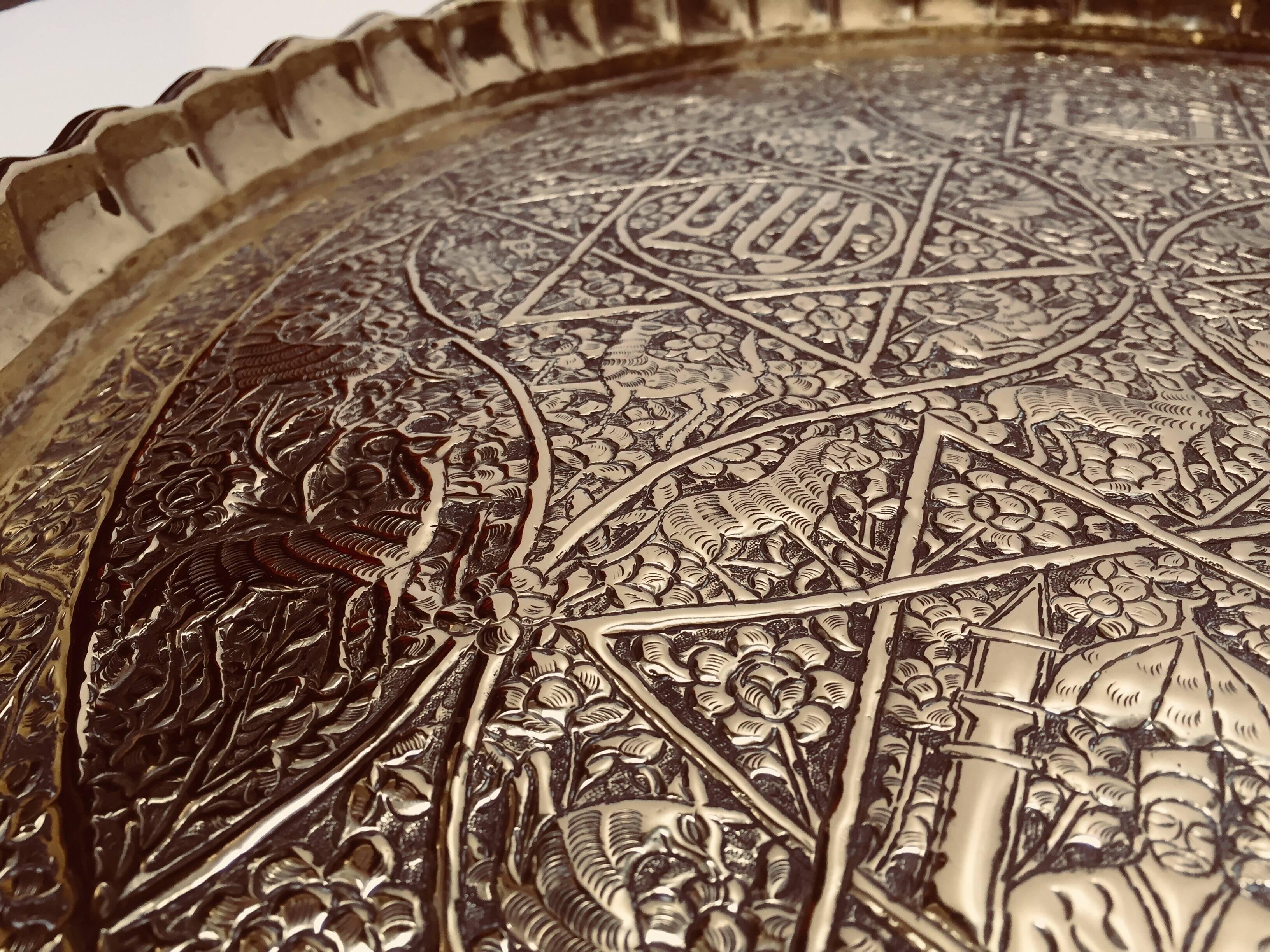 Large Handcrafted Decorative Indo-Persian Hammered Brass Tray 5