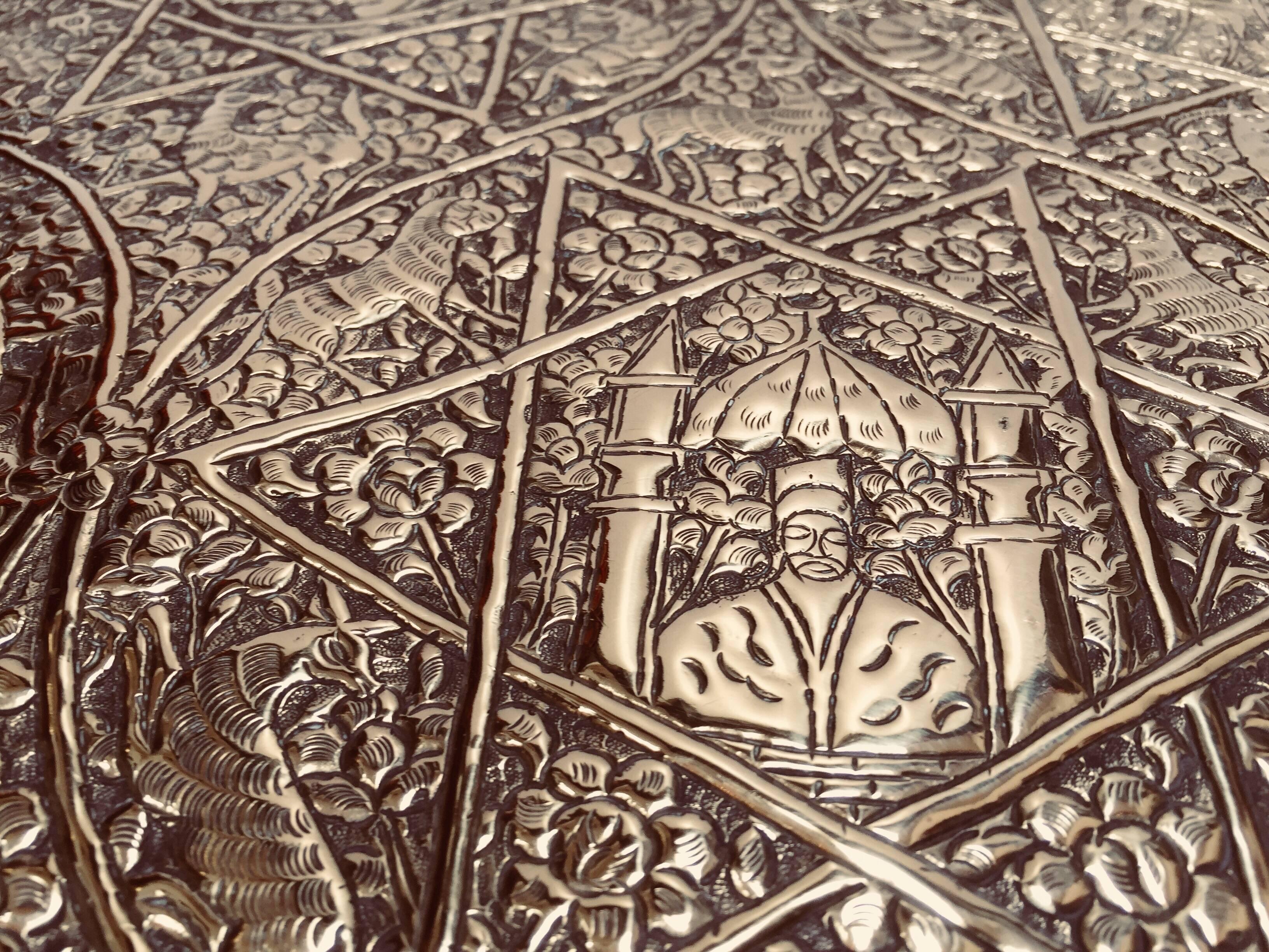 Large Handcrafted Decorative Indo-Persian Hammered Brass Tray 6