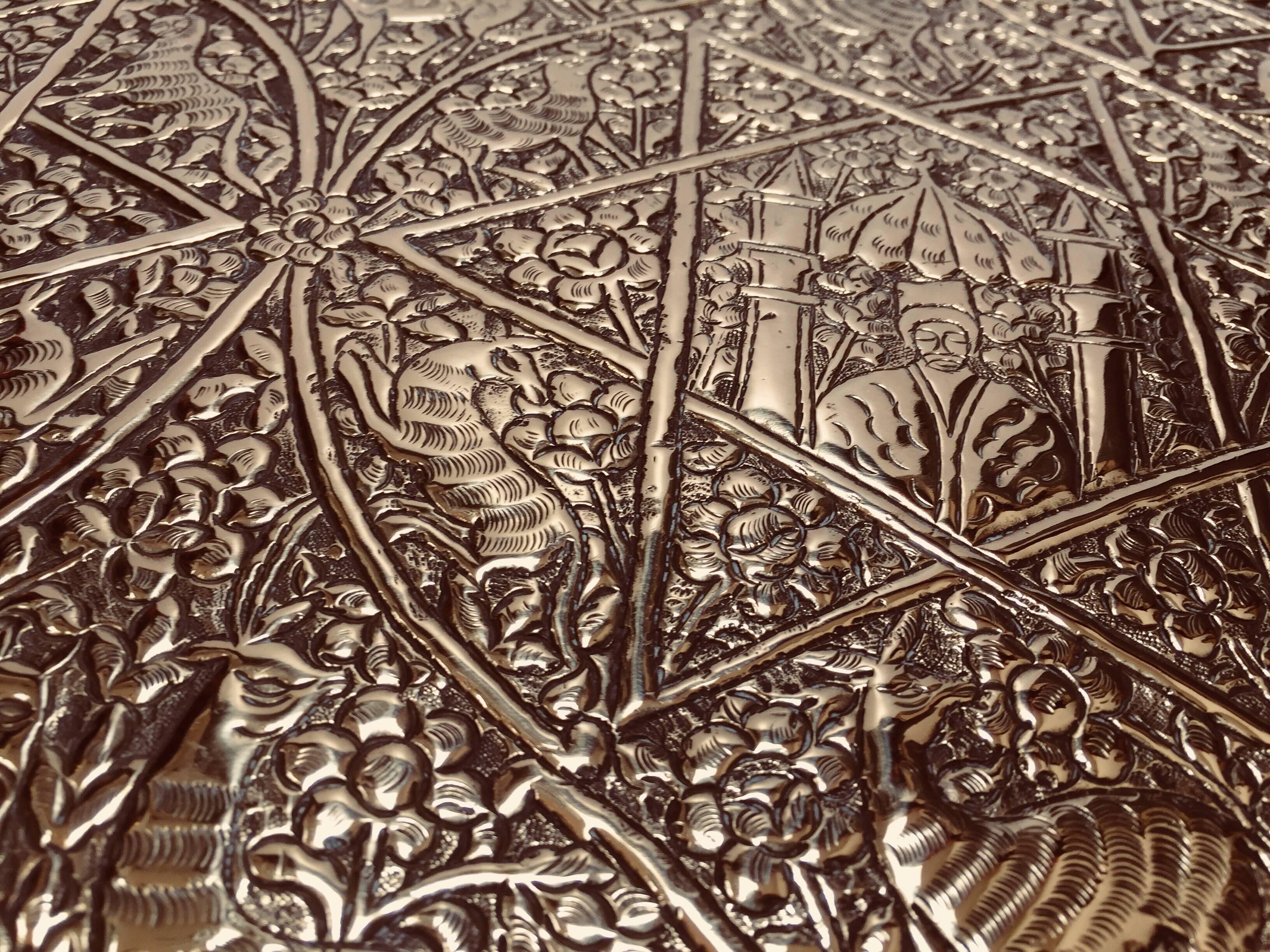 Large Handcrafted Decorative Indo-Persian Hammered Brass Tray 7