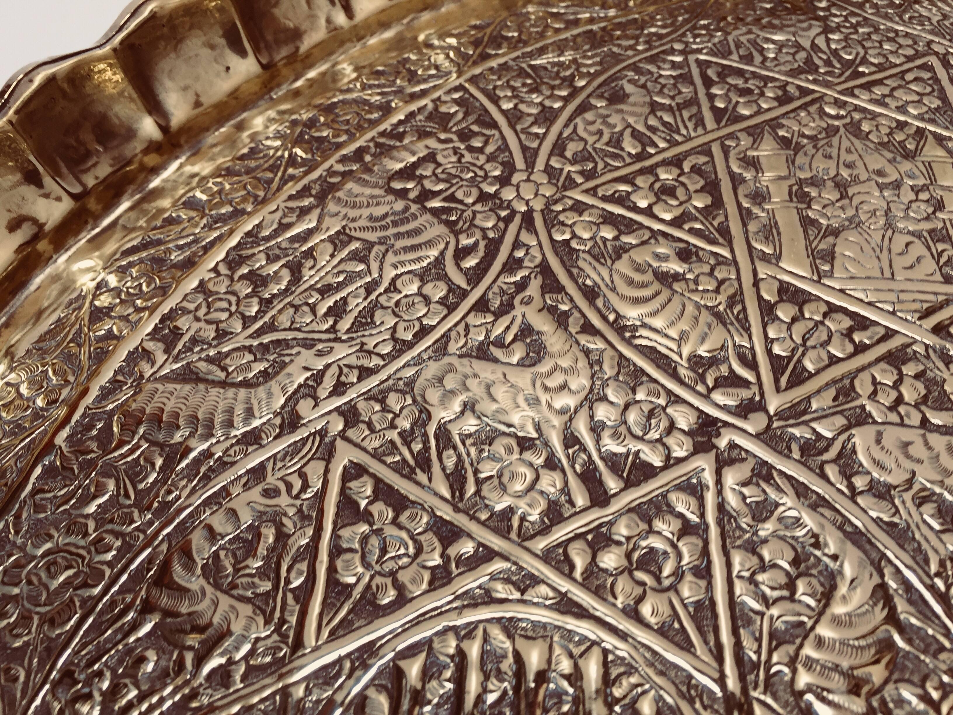 Large Handcrafted Decorative Indo-Persian Hammered Brass Tray 8