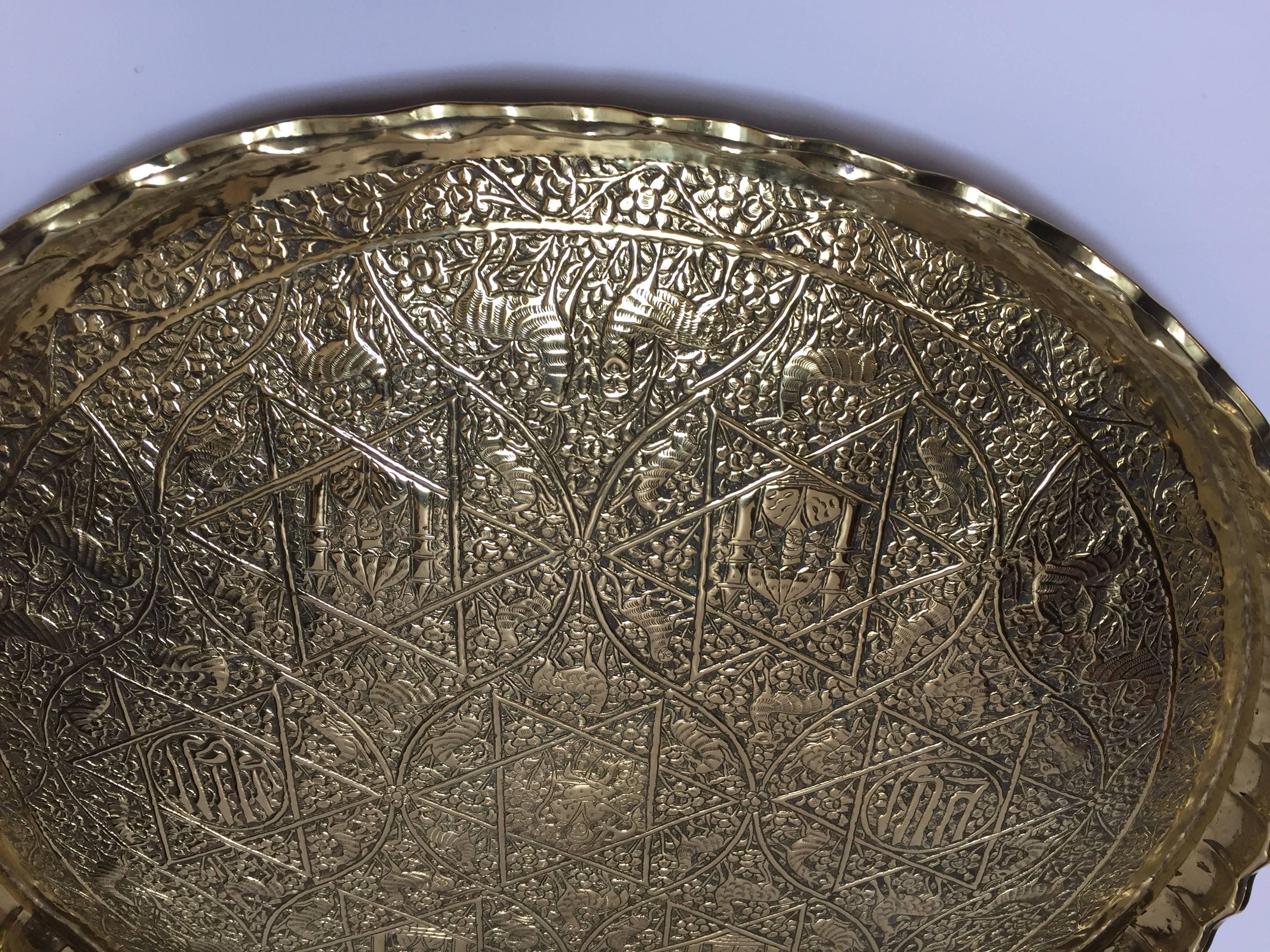 Large Handcrafted Decorative Indo-Persian Hammered Brass Tray 10