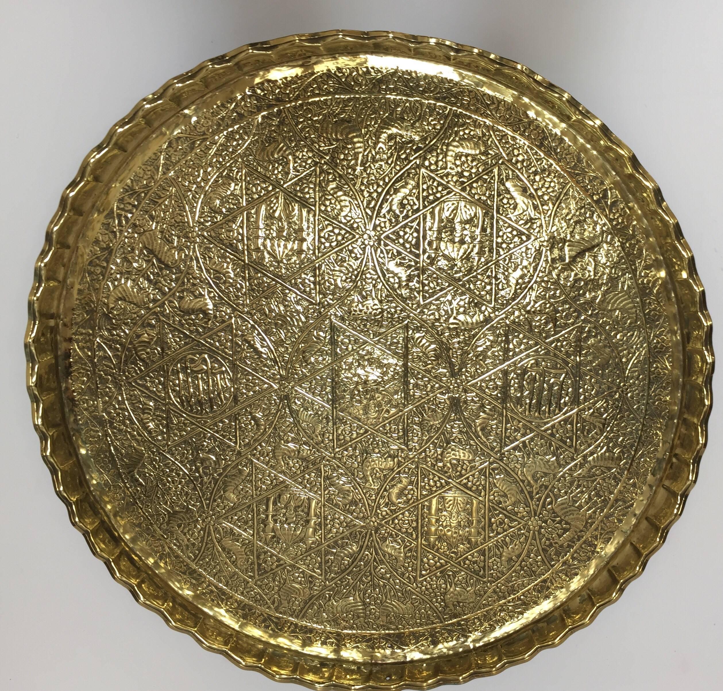 Large Handcrafted Decorative Indo-Persian Hammered Brass Tray 11