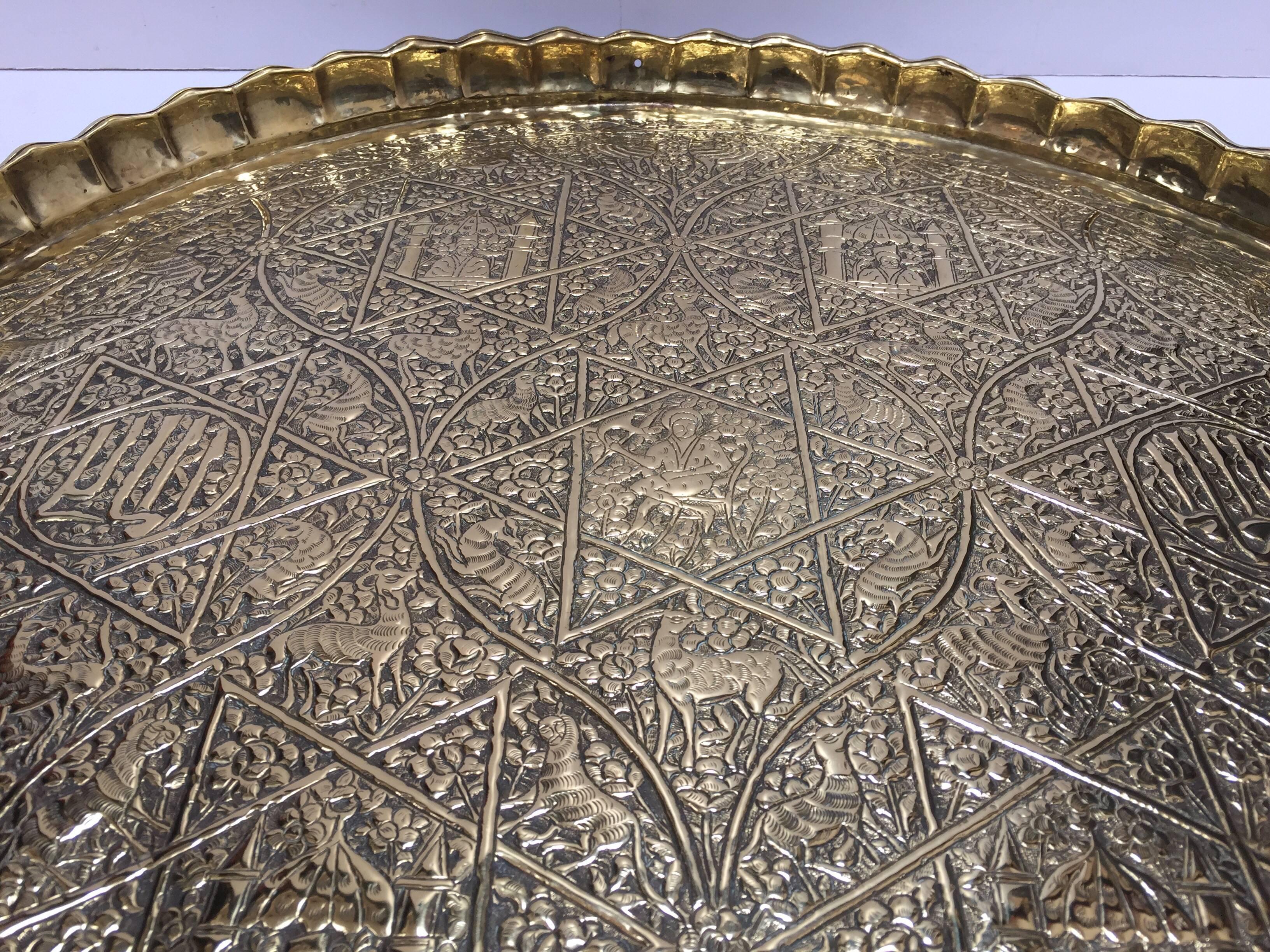 Large Handcrafted Decorative Indo-Persian Hammered Brass Tray In Good Condition In North Hollywood, CA
