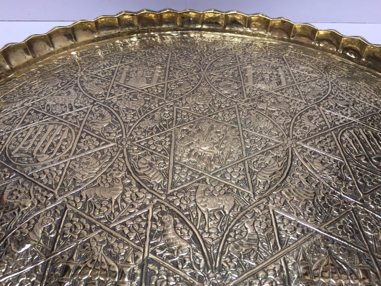Large Handcrafted Decorative IndoPersian Hammered Brass Tray For Sale