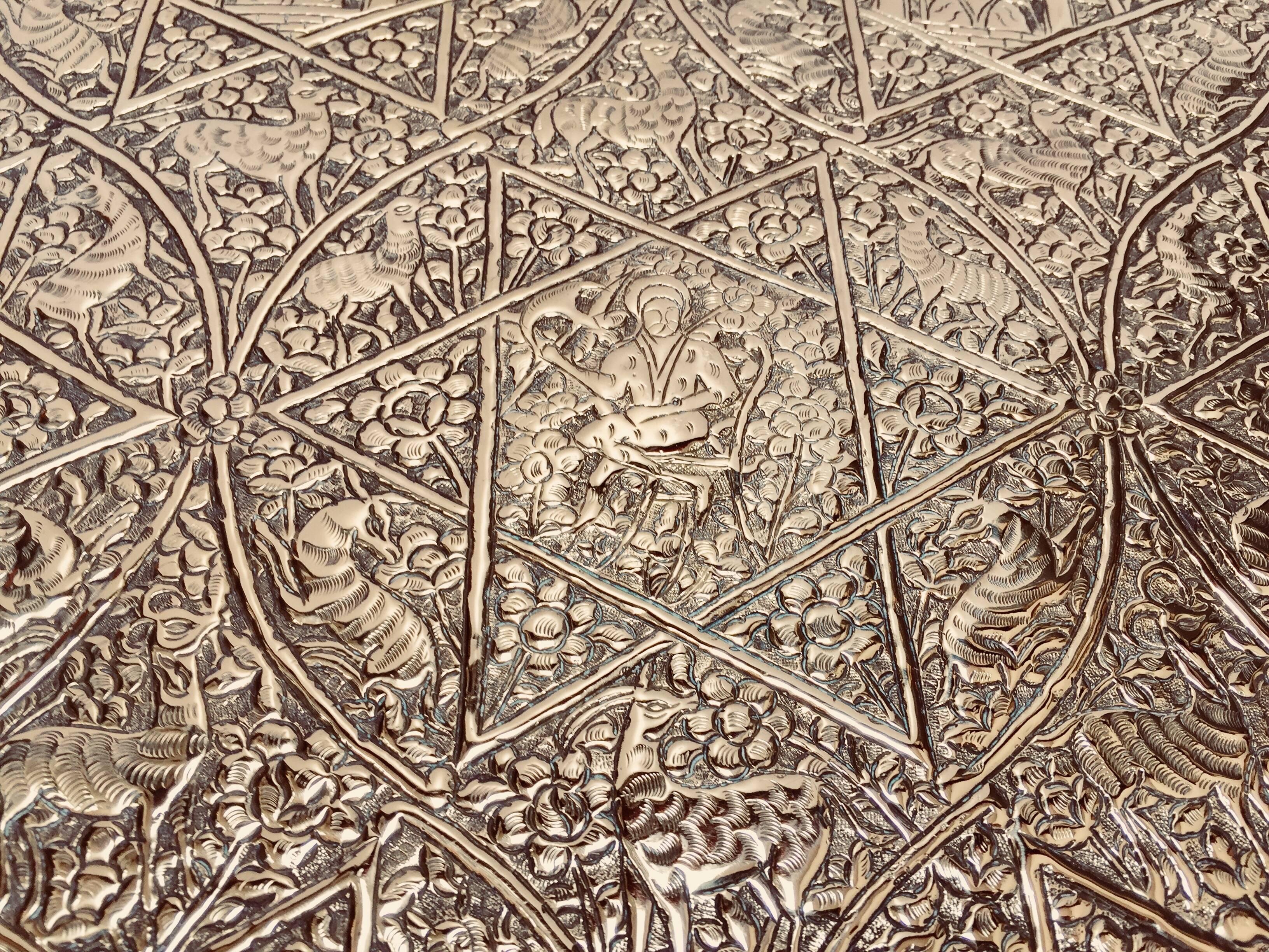20th Century Large Handcrafted Decorative Indo-Persian Hammered Brass Tray