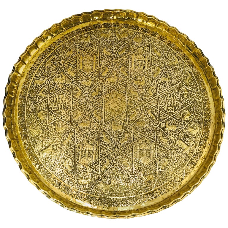 Large Handcrafted Decorative IndoPersian Hammered Brass Tray at 1stDibs