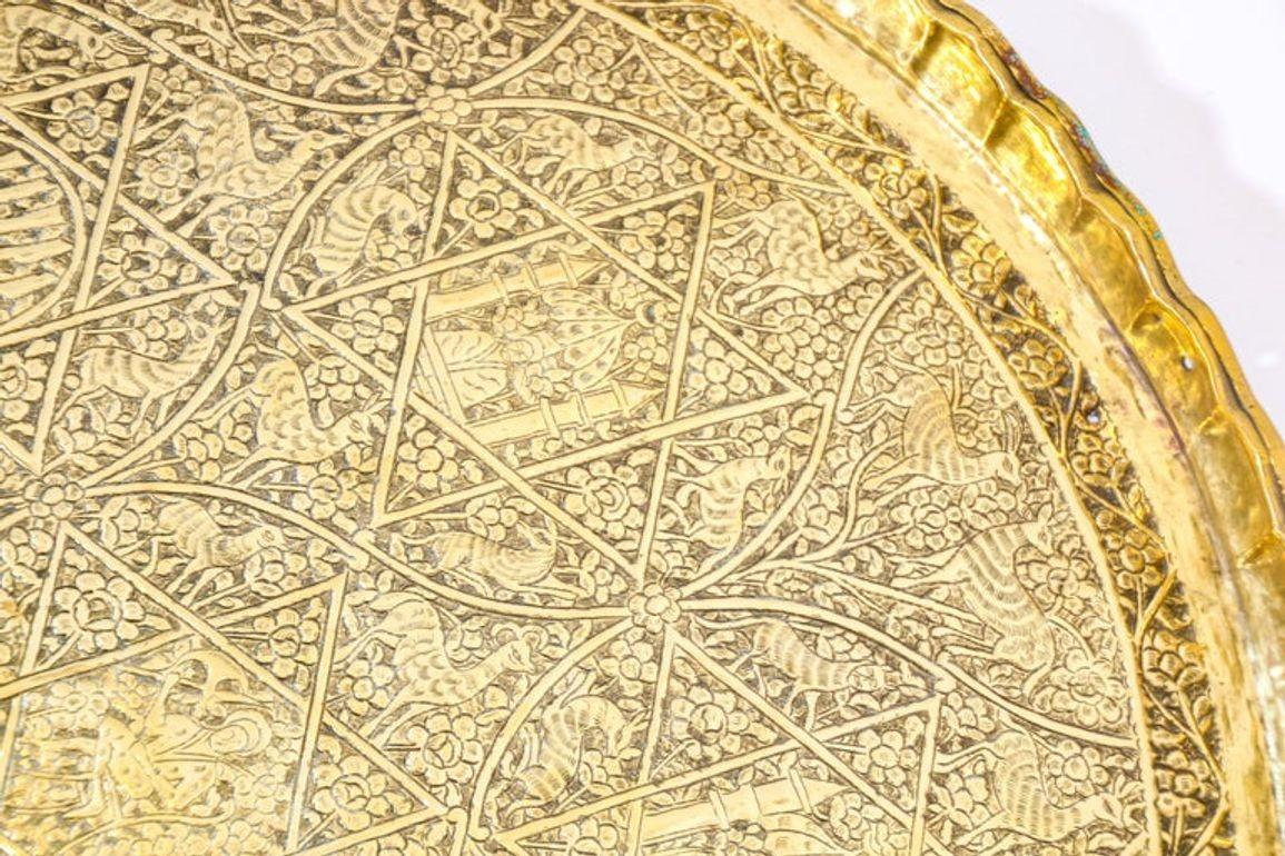 Indian Large Antique Decorative Indo-Persian Mughal Hammered Brass Tray 19th c. For Sale