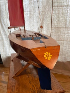 Large Handcrafted Midcentury Pond Yacht with Red Sails and Custom Stand