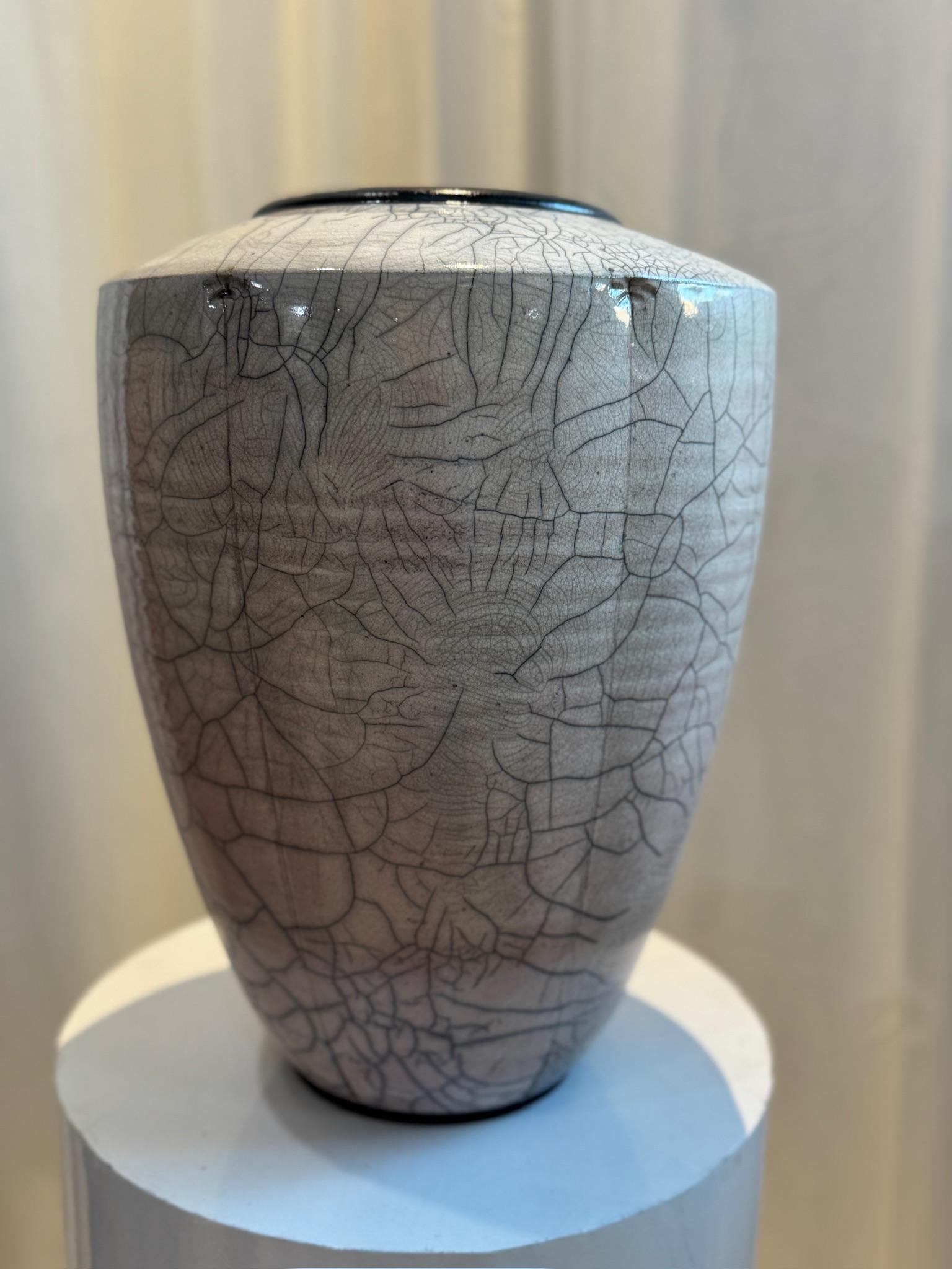Mid-Century Modern Large Handcrafted Raku Pottery Vase with Crackle Glaze and Artist Signature For Sale