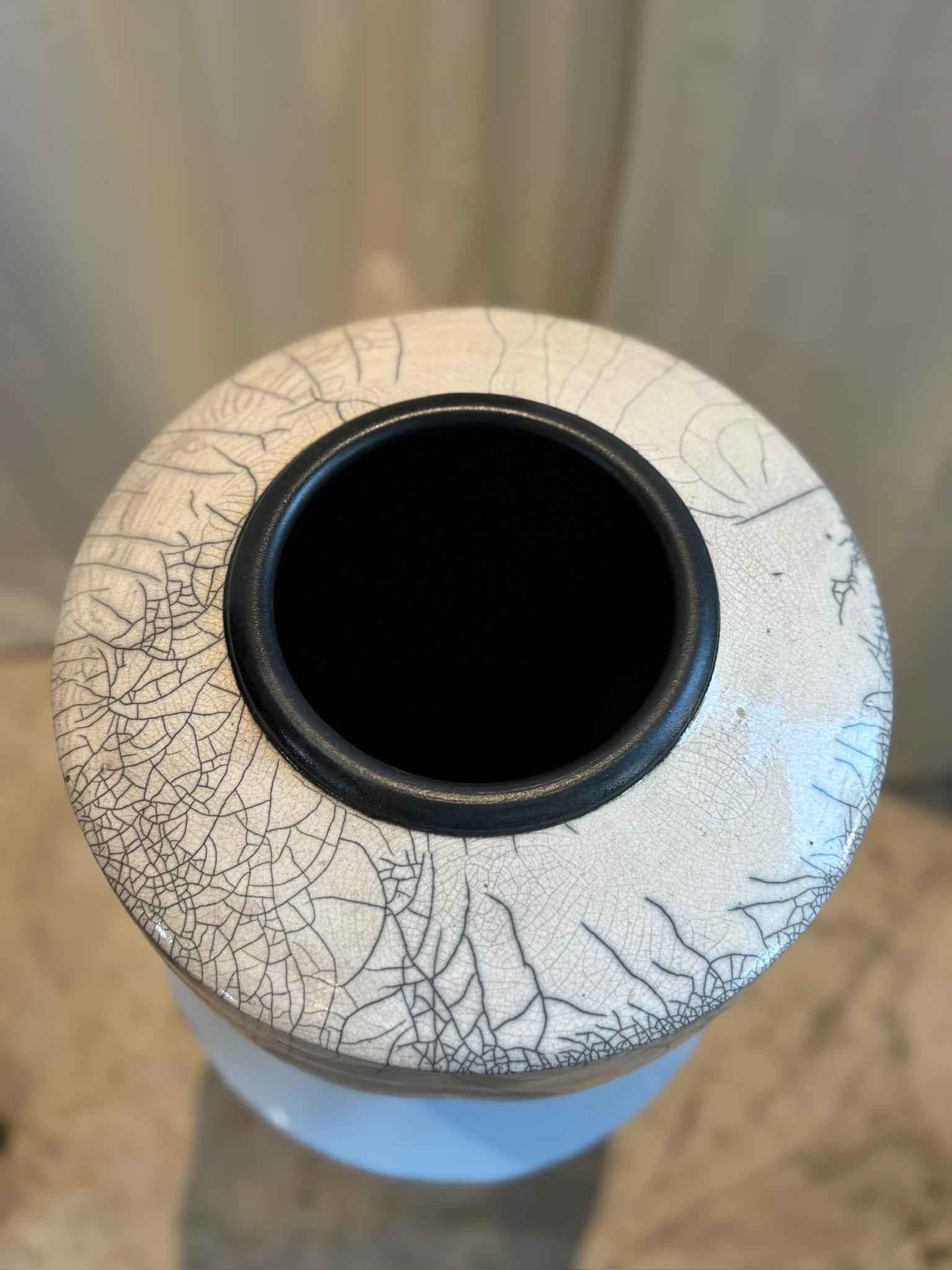 Glazed Large Handcrafted Raku Pottery Vase with Crackle Glaze and Artist Signature For Sale