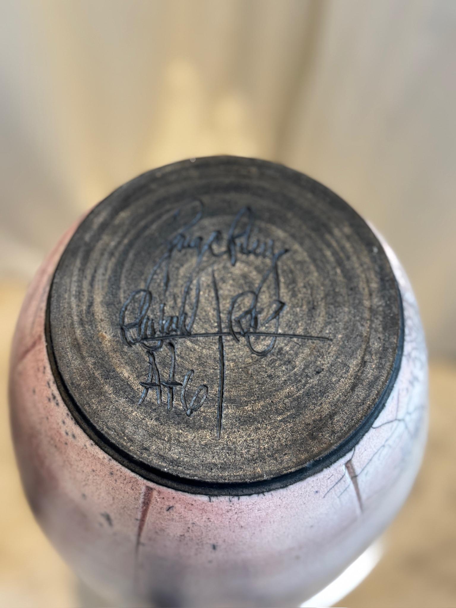 Large Handcrafted Raku Pottery Vase with Crackle Glaze and Artist Signature In Good Condition For Sale In West Hollywood, CA